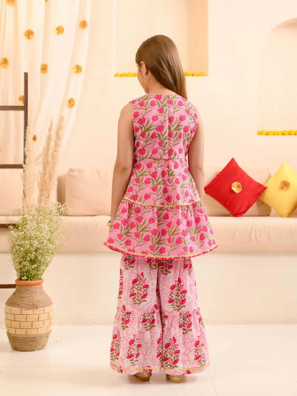 Girl's Pink Pure Cotton Sharara Set with Net Dupatta