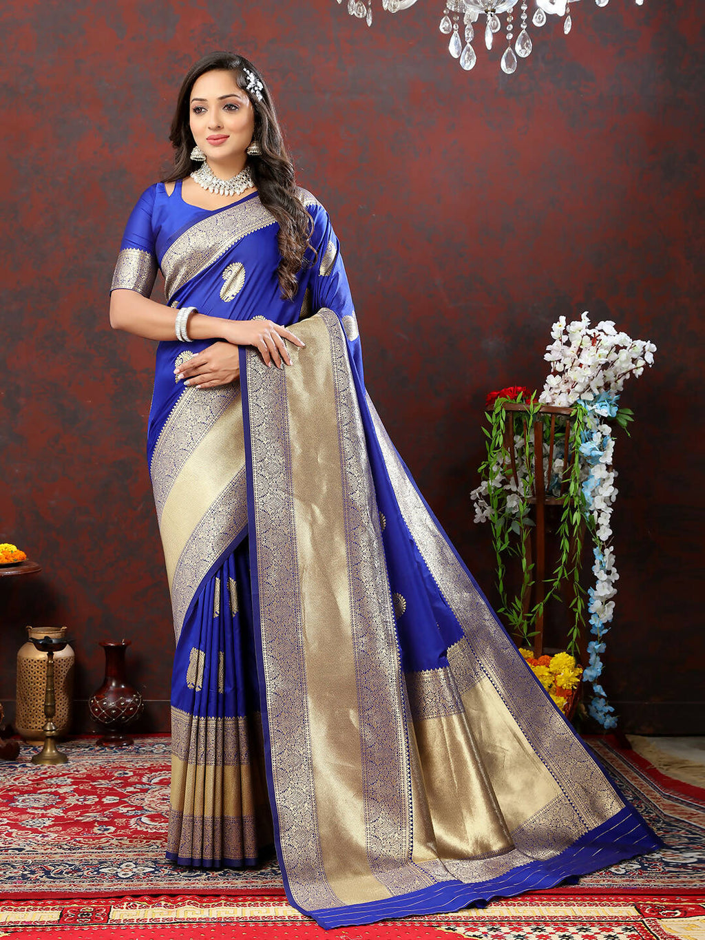 Blue Soft Silk Saree with Traditional Gold Zari Weaving Design
