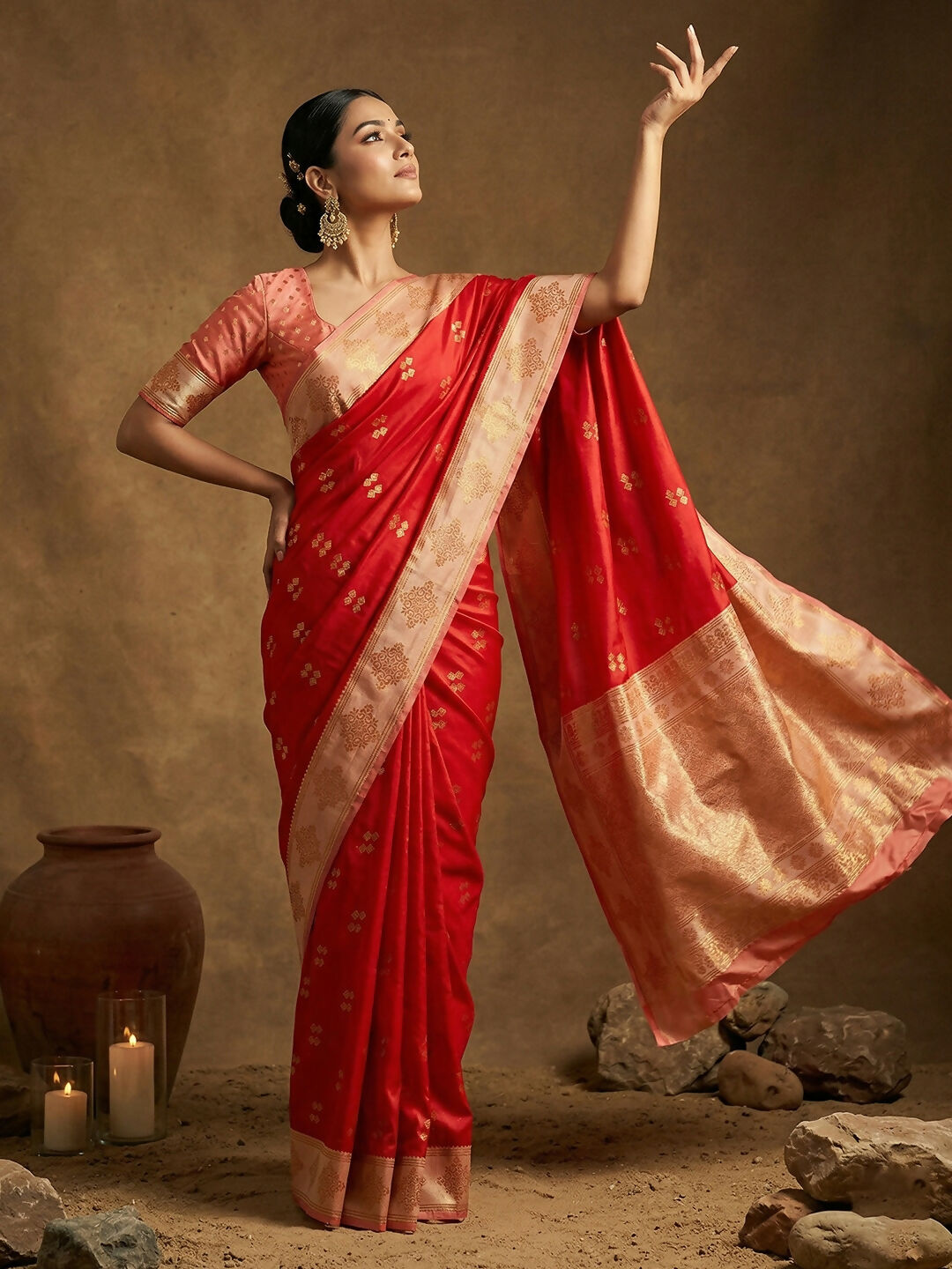 Red Soft Silk Saree with Contrast Peach Blouse for Elegant Events