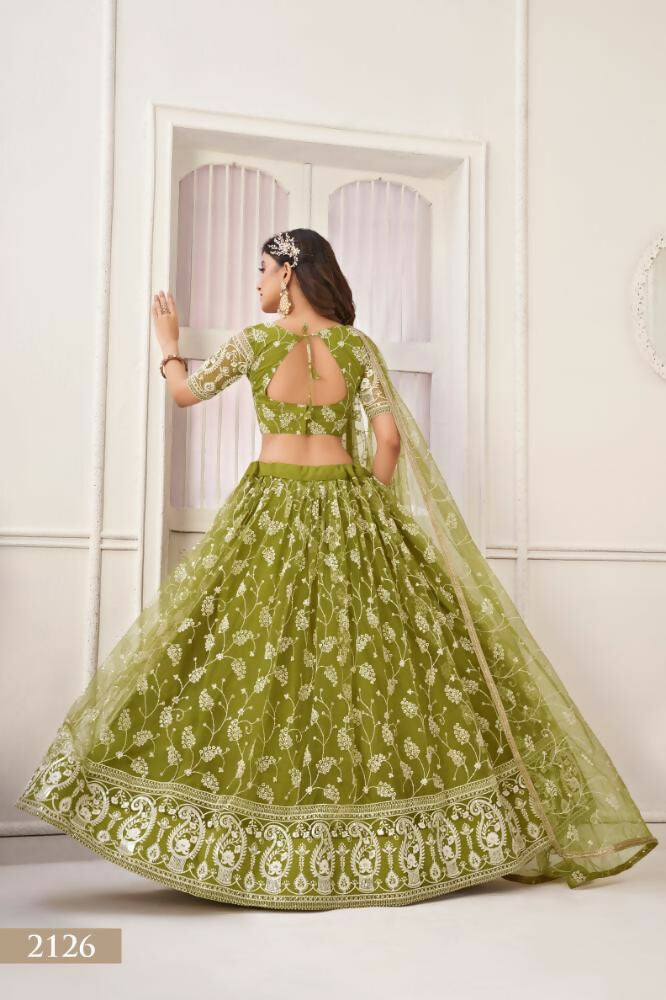 Olive Green Butterfly Net Lehenga Choli with Thread & Sequence Work