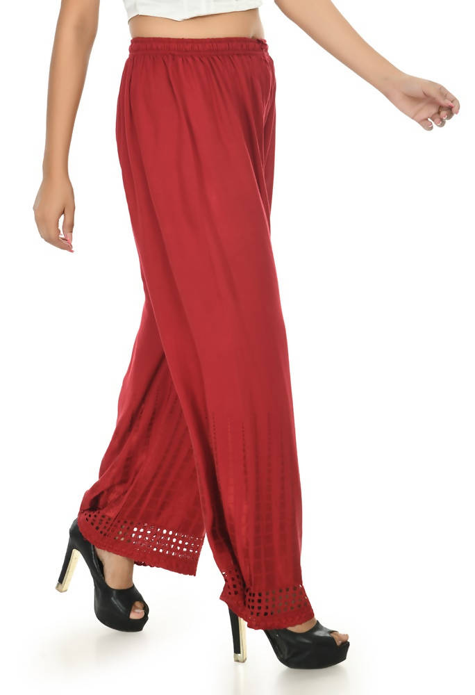 Maroon Rayon Cotton Palazzo with Cut Work Detail - 40 Inch Length