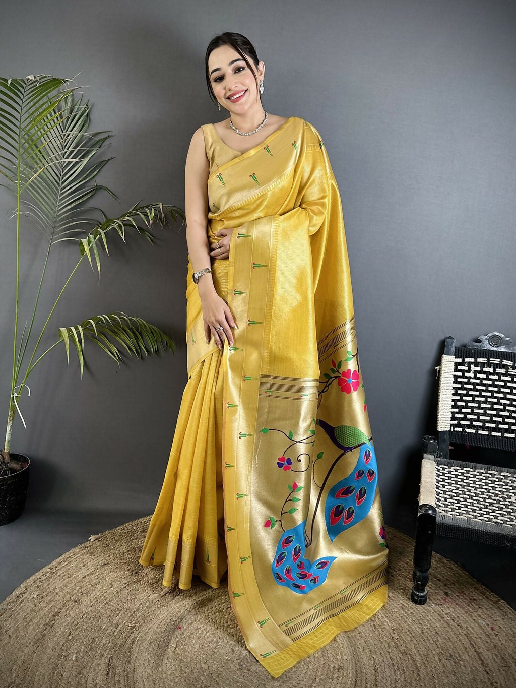 Joban Fashion Yellow Peacock & Floral Motifs Tissue Paithani Saree