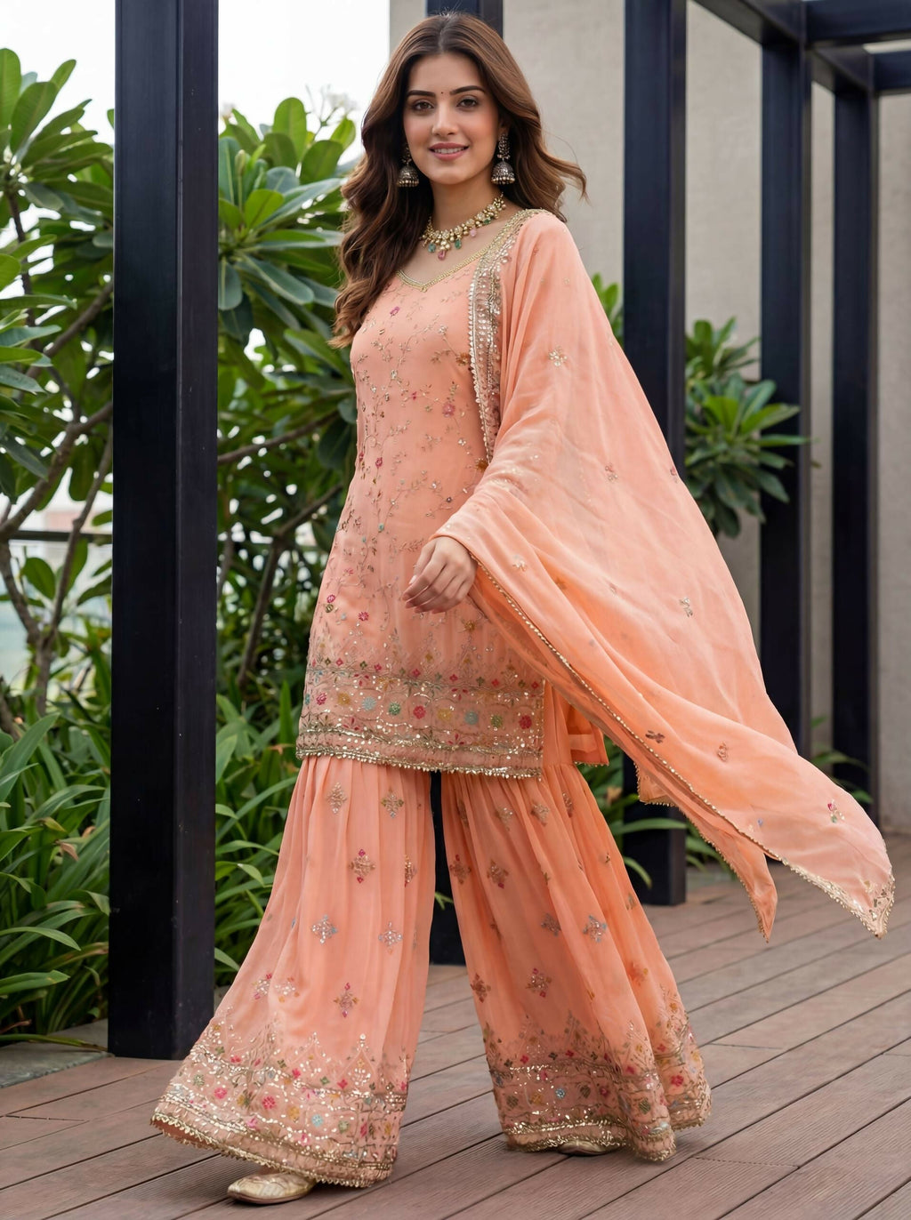 Orange Georgette Embroidered Sharara Set for Festive Occasions