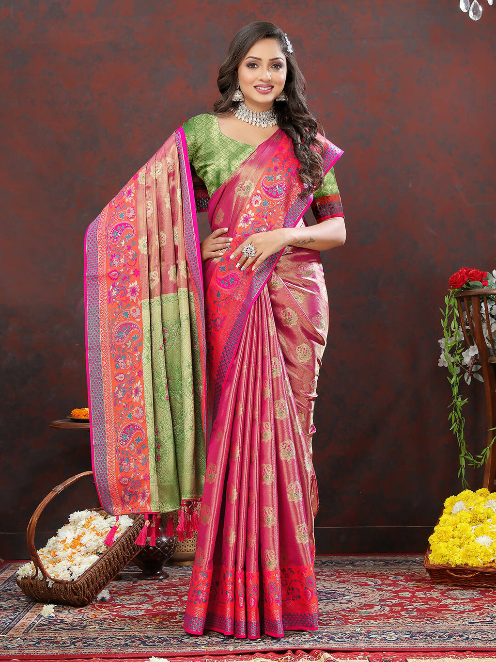 Magenta Kanjivaram Silk Saree with Traditional Zari Weaving