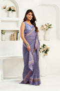 Lavender striped linen ready-to-wear saree with matching unstitched blouse piece
