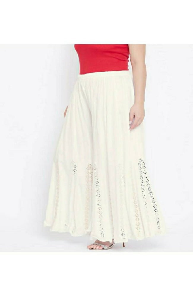 White Mirror Flower Work Palazzo Pants - Festive Wide Leg Trousers
