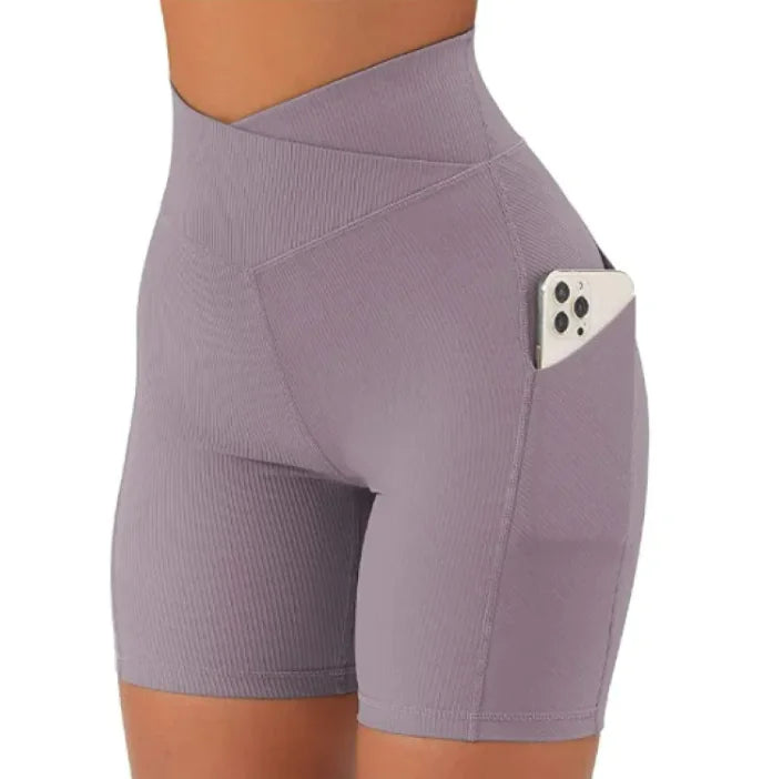 Women's Cross Waist Yoga Shorts with Pockets High Rise Activewear