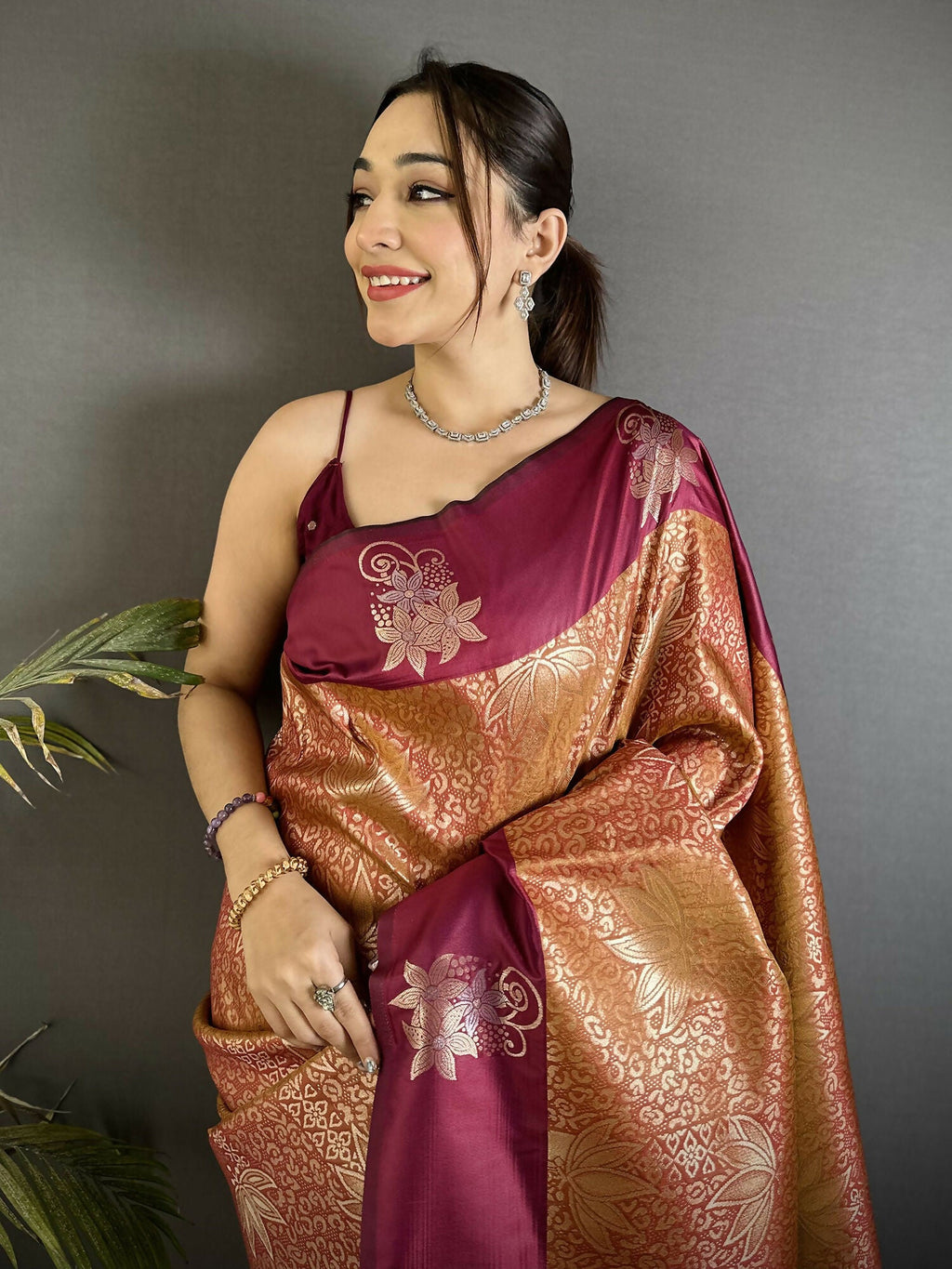 Wine Dharmavaram Soft Silk Saree with Intricate Zari Weaving