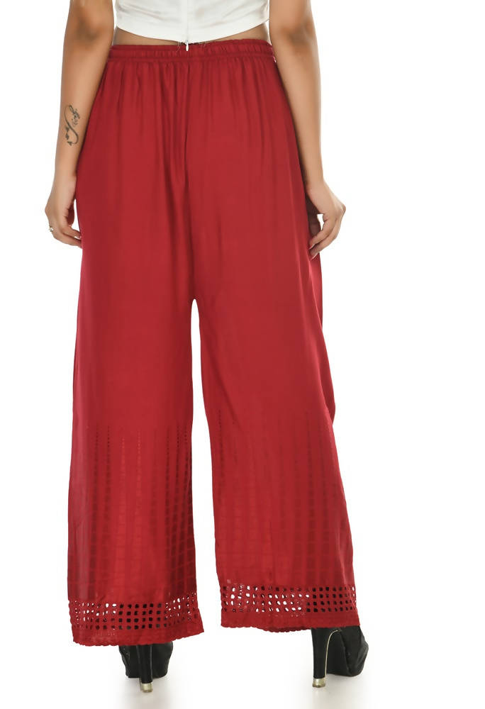 Maroon Rayon Cotton Palazzo with Cut Work Detail - 40 Inch Length