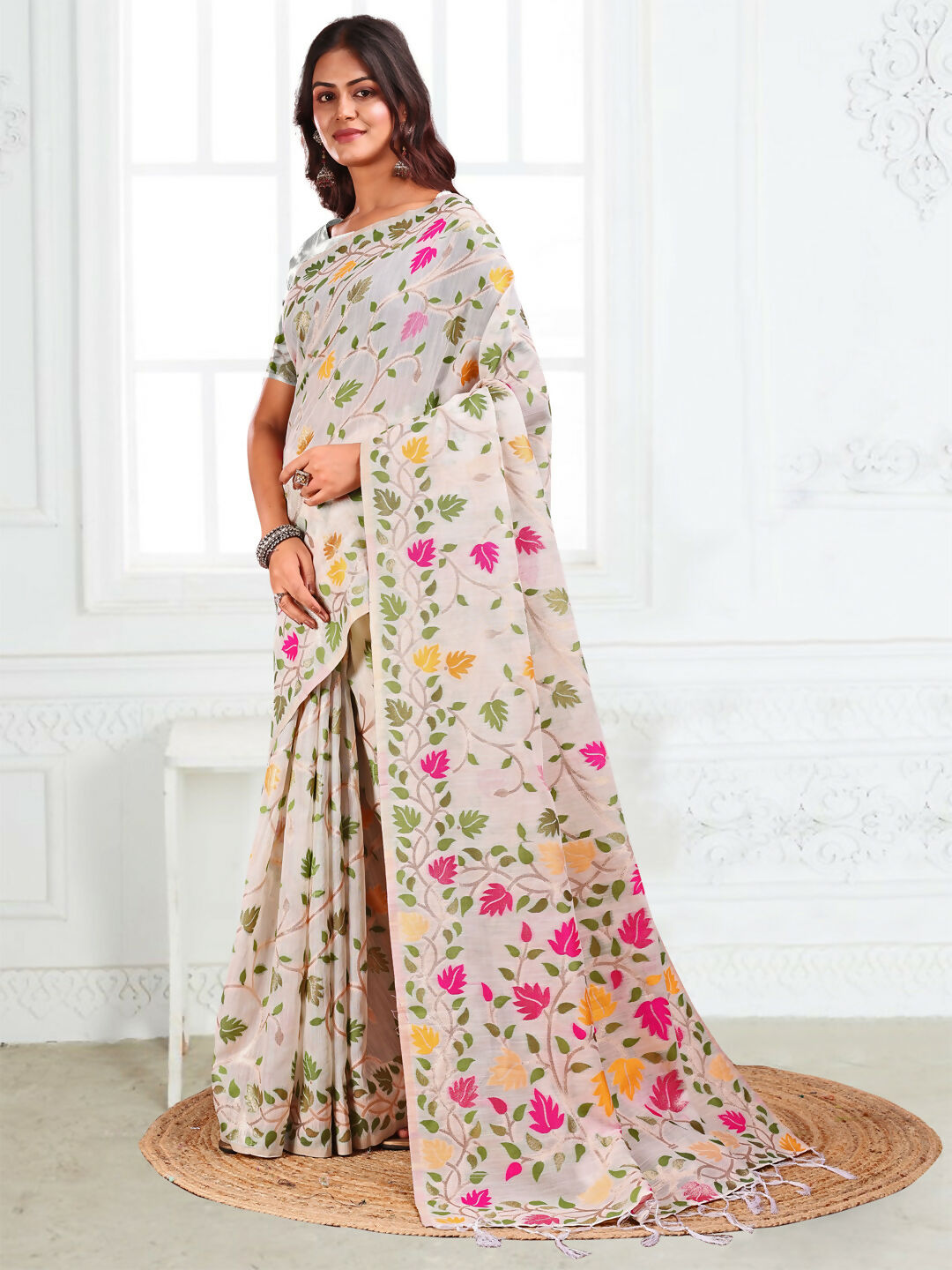 White Linen Cotton Saree with Matching Blouse Piece