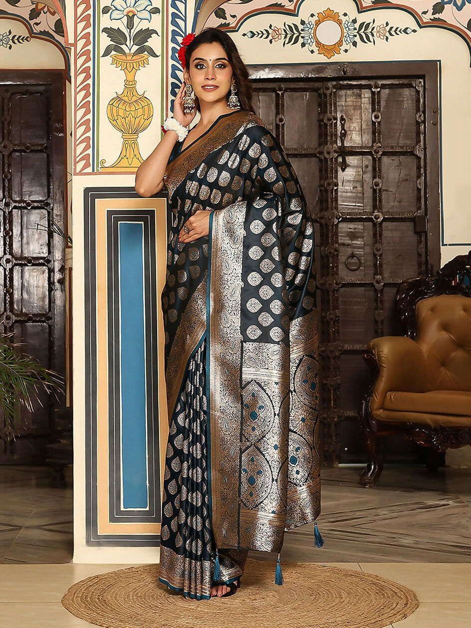 Teal Silk Saree with Matching Teal Silk Blouse