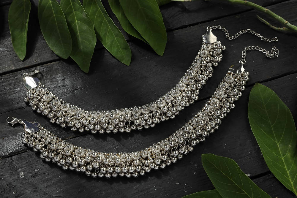 Heavy Oxidised Silver Traditional Anklets for Women