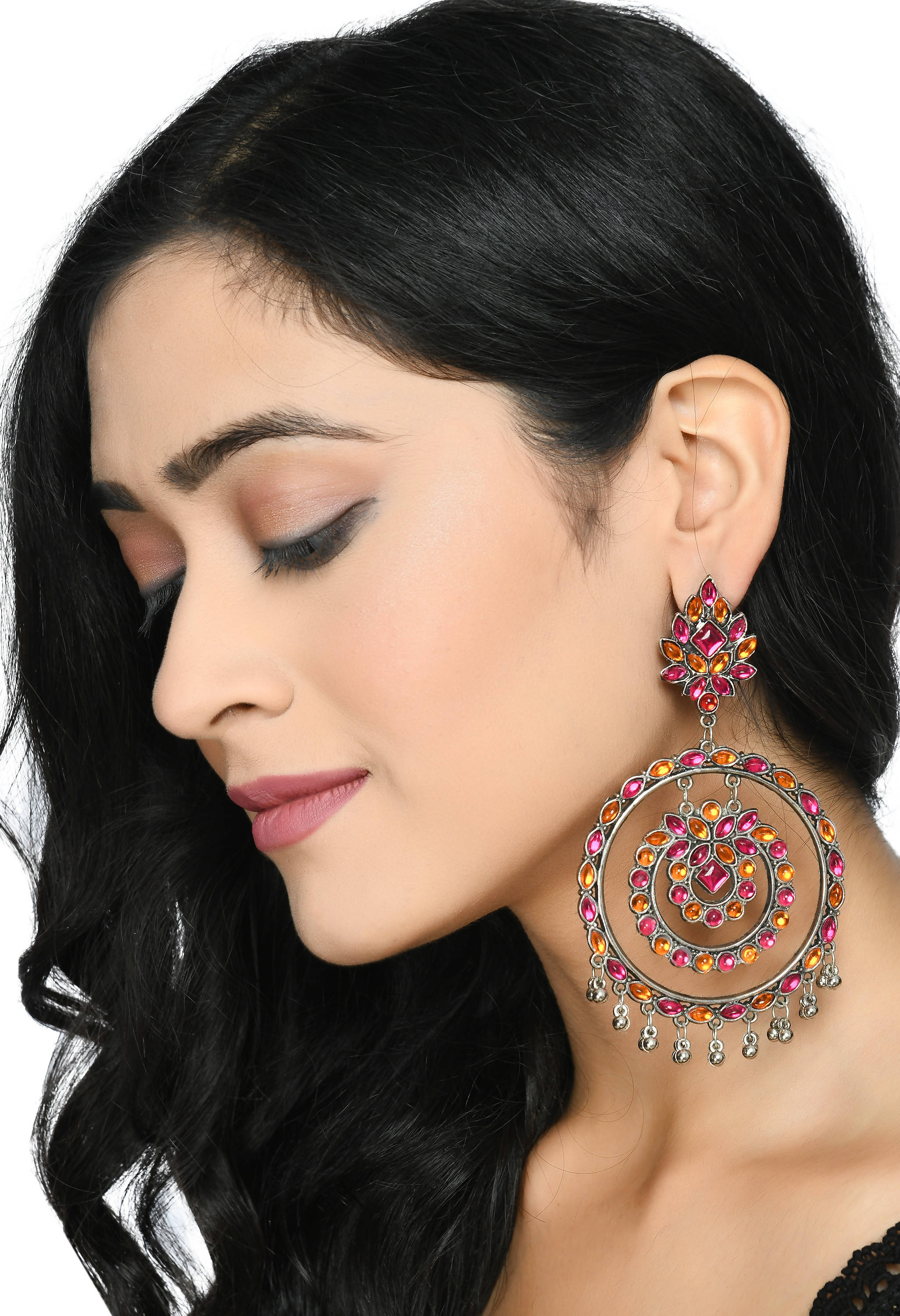 Pink & Orange Kundan Circle Earrings for Traditional Indian Wear