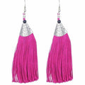 A pair of vibrant pink fringe hanging earrings designed for parties.