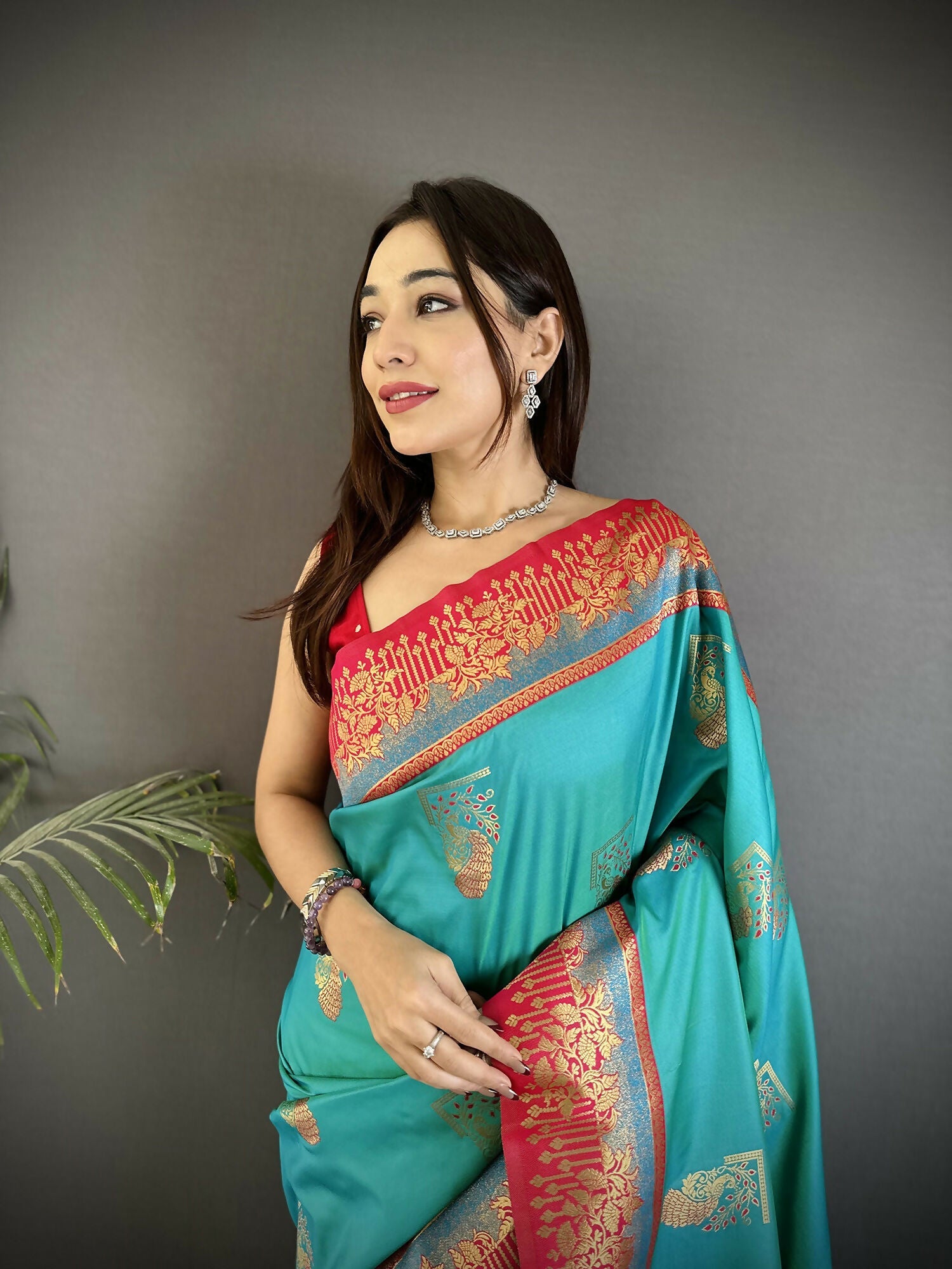 Joban Fashion Aqua Green Banarasi Soft Silk Peacock Butta Work Saree