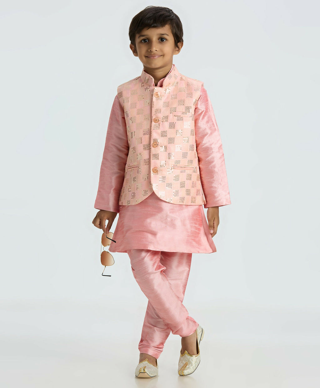 Kids Ethnic Kurta Pyjama Set with Sequin Nehru Jacket - Pink