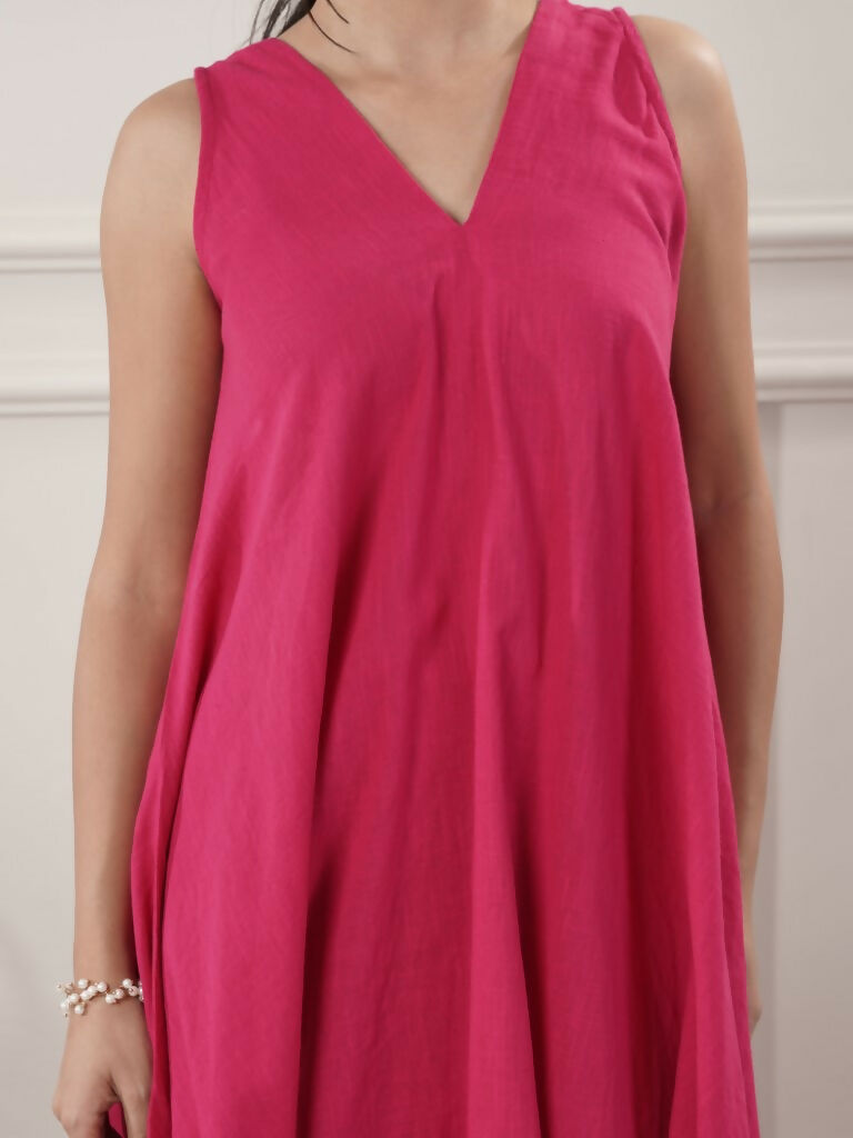 Fuchsia Cotton A-Line Midi Dress and Pants Set