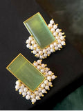 Light green Monalisa stone beaded stud earrings on a brass base.