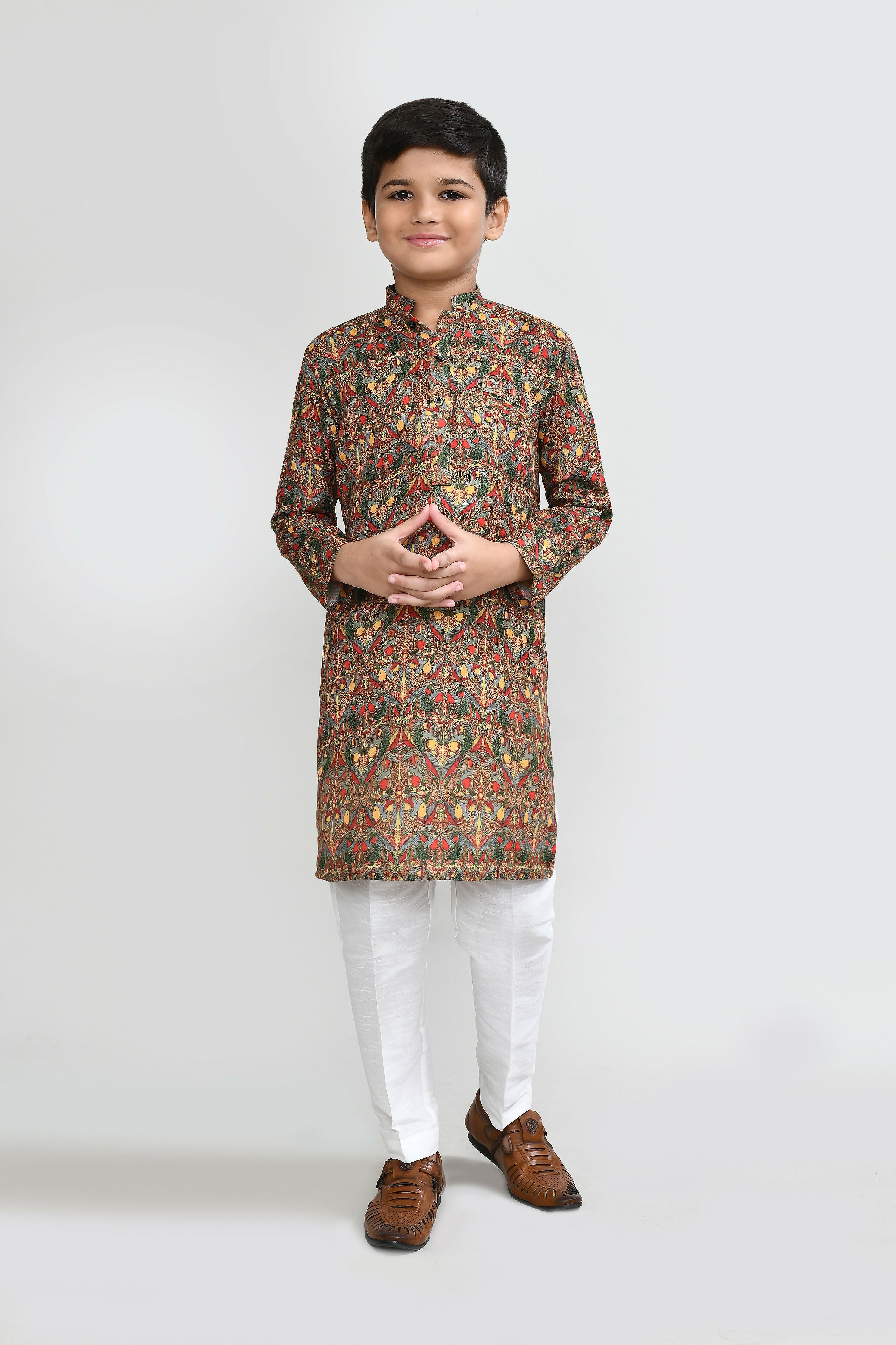 Kids Multicolor Cotton Kurta Set with White Straight Fit Pants