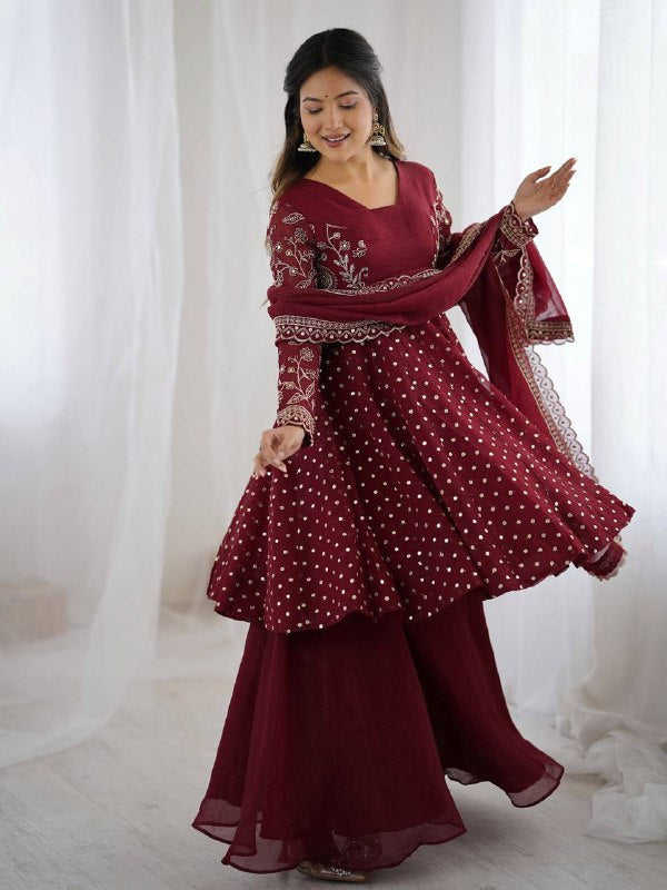 Maroon Crunchy Silk Embroidered Sharara Suit for Women