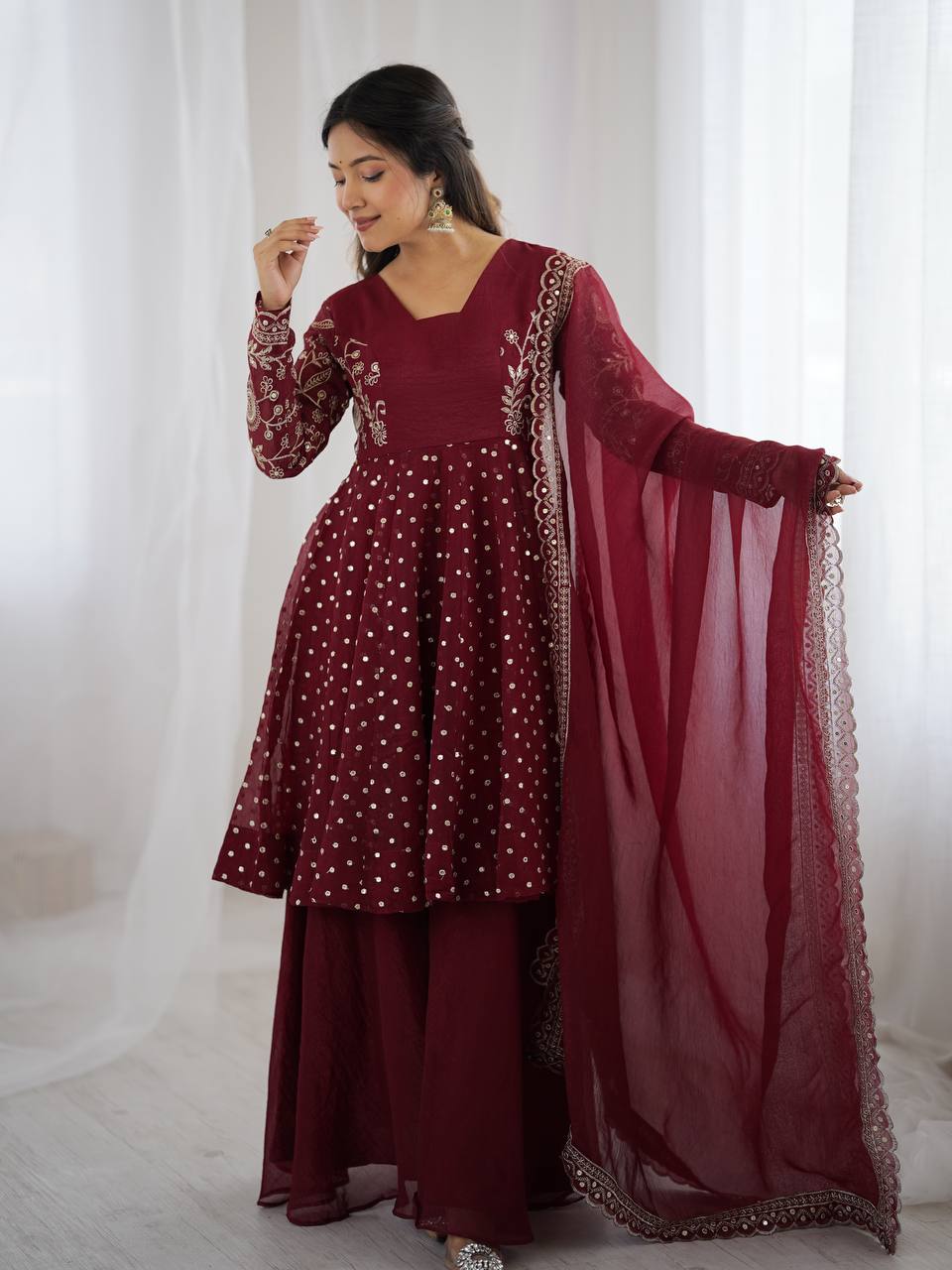 Maroon crunchy silk sharara suit with detailed sequence embroidery