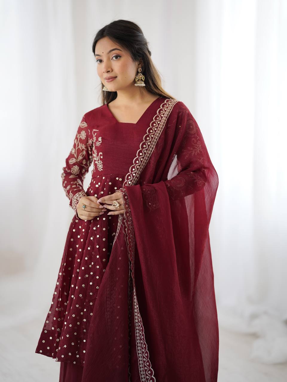 Maroon Crunchy Silk Embroidered Sharara Suit for Women