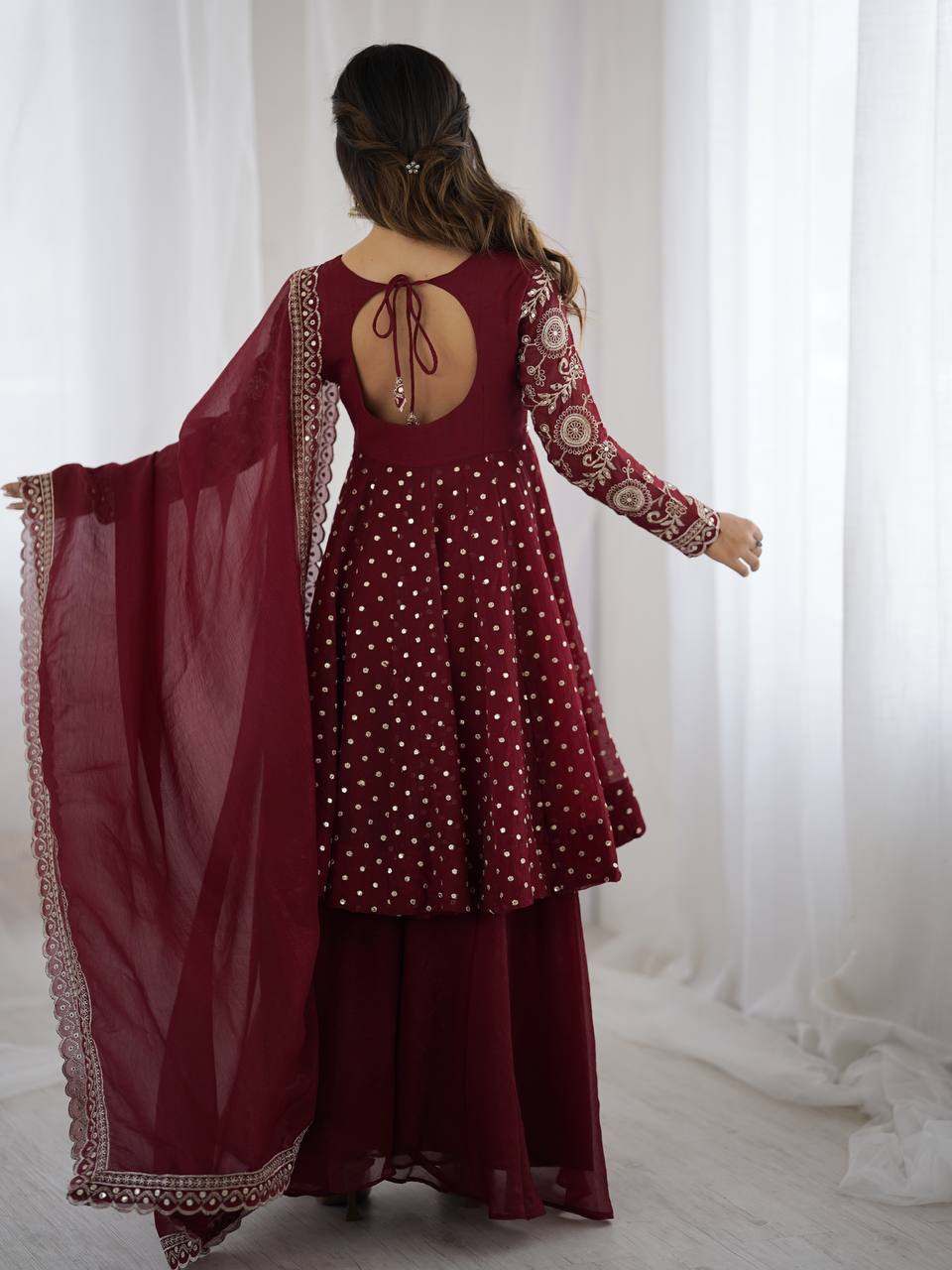 Maroon Crunchy Silk Embroidered Sharara Suit for Women