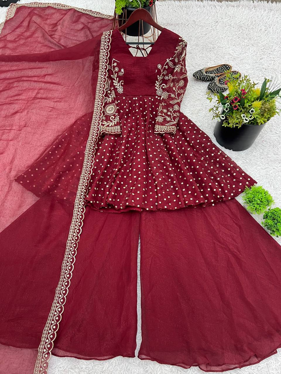 Maroon Crunchy Silk Embroidered Sharara Suit for Women