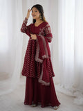 Maroon Crunchy Silk Embroidered Designer Sharara Suit