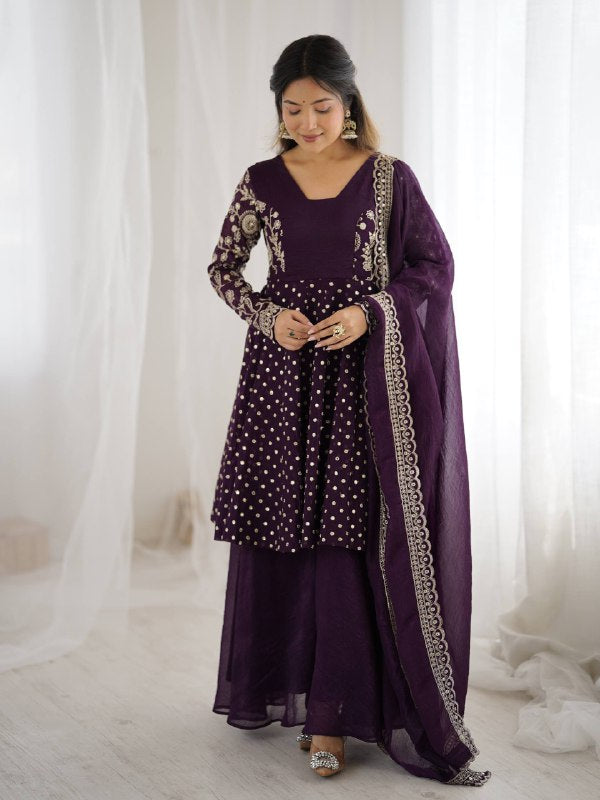 Purple Crunchy Silk Embroidered Designer Sharara Suit