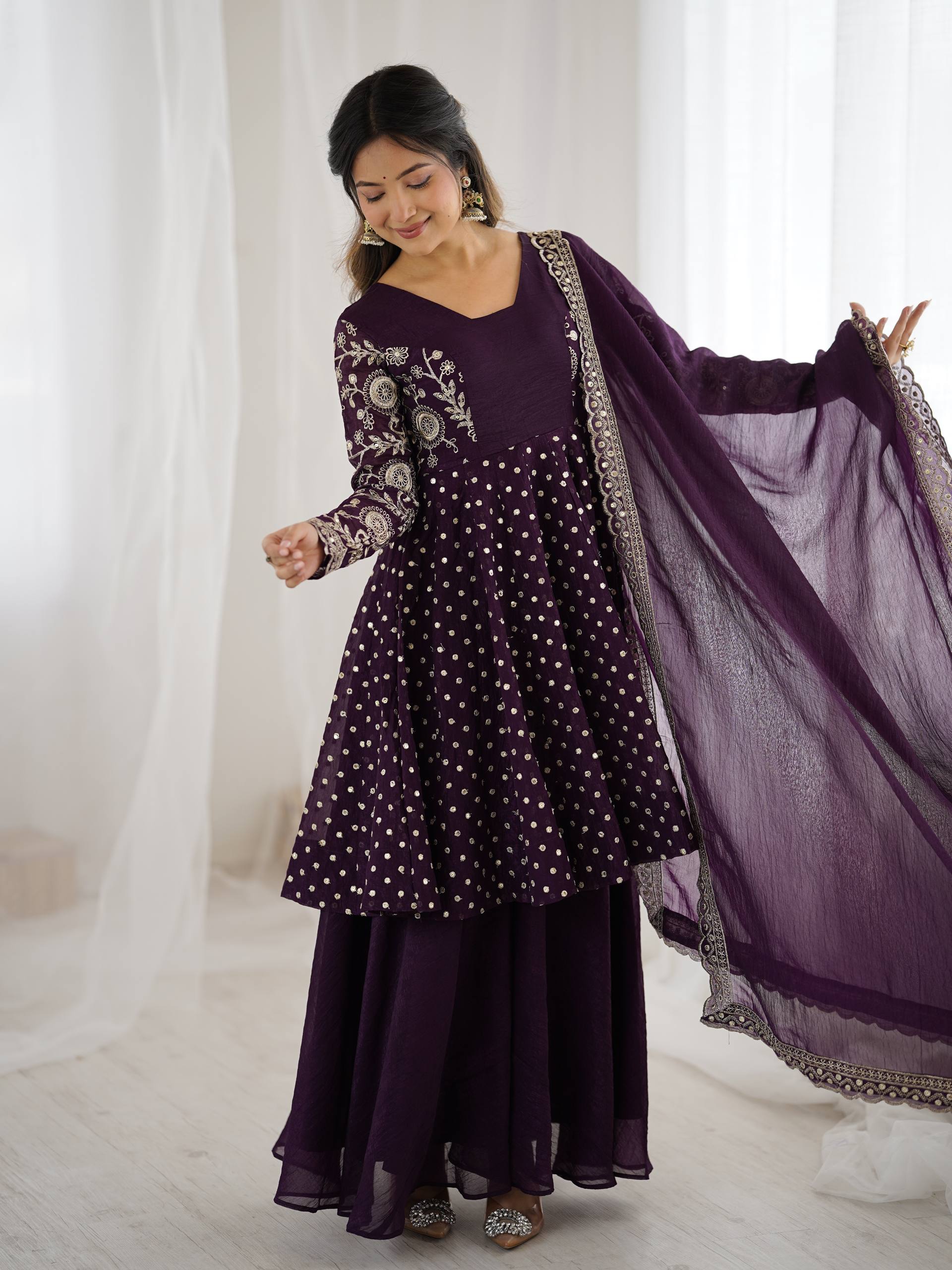 Purple Crunchy Silk Sharara Suit with Embroidery Work
