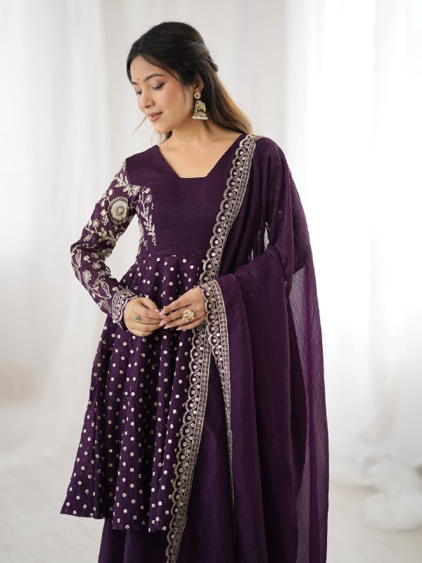 Purple Crunchy Silk Sharara Suit with Embroidery Work