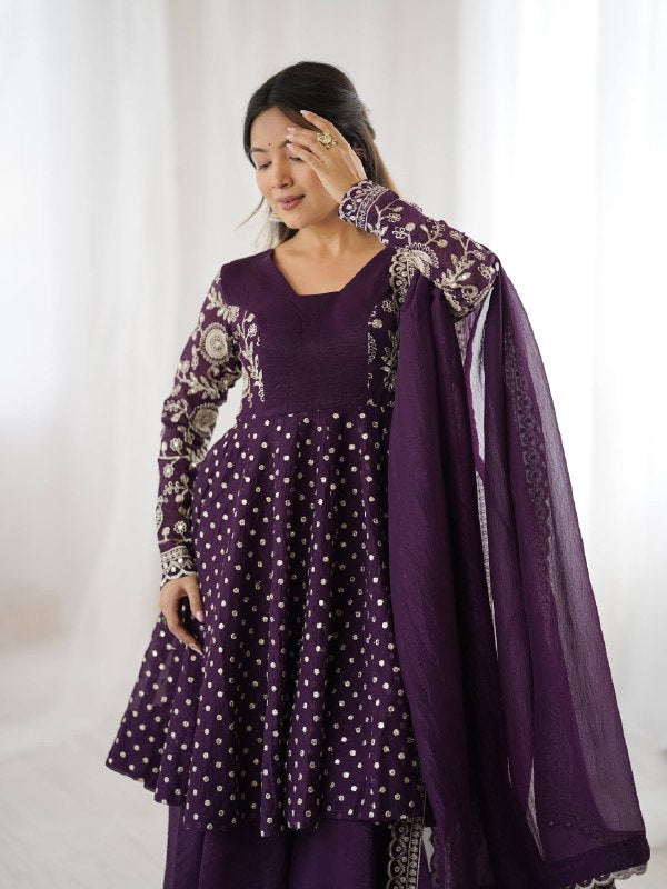 Purple Crunchy Silk Sharara Suit with Embroidery Work
