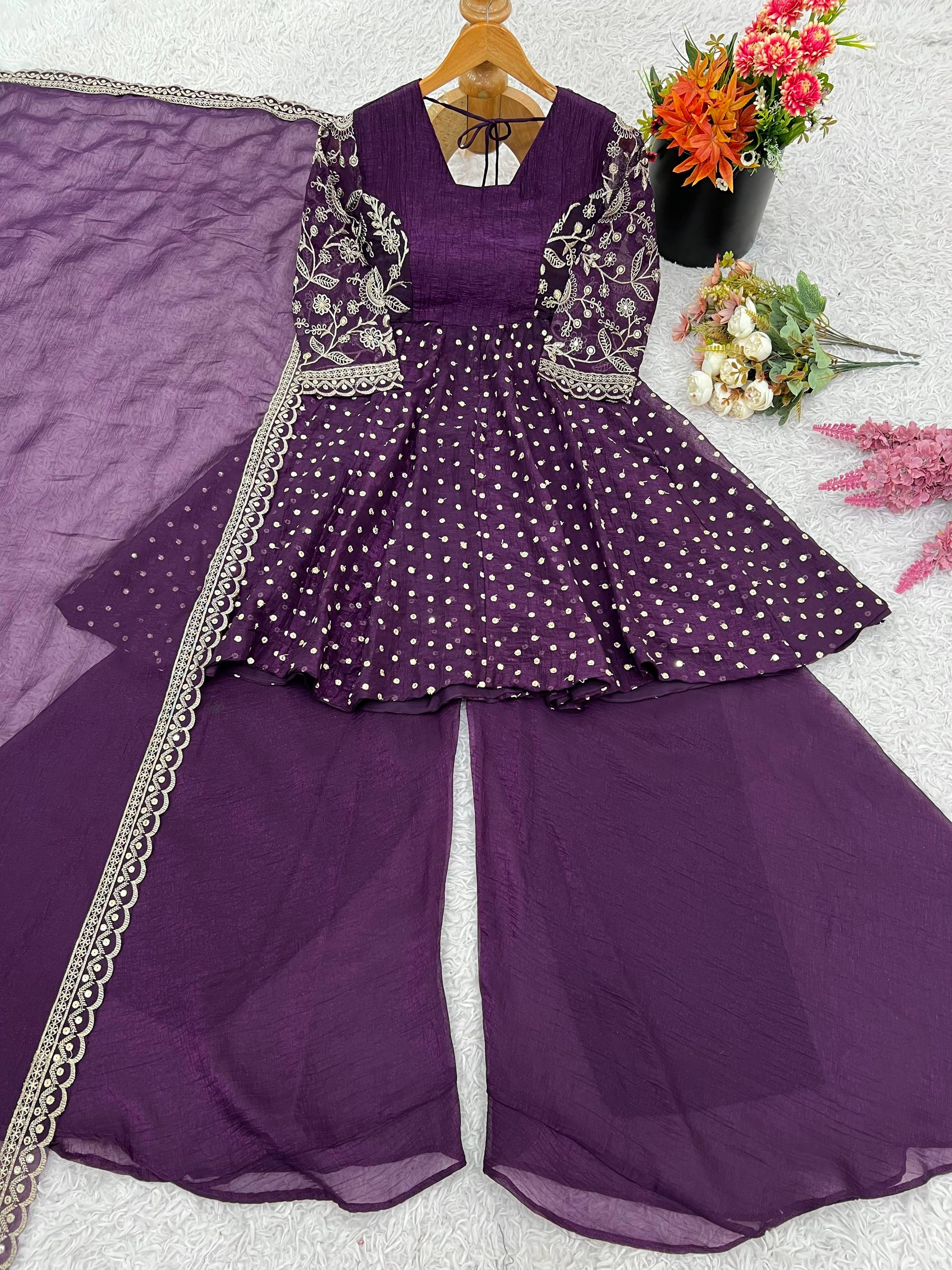 Purple Crunchy Silk Sharara Suit with Embroidery Work