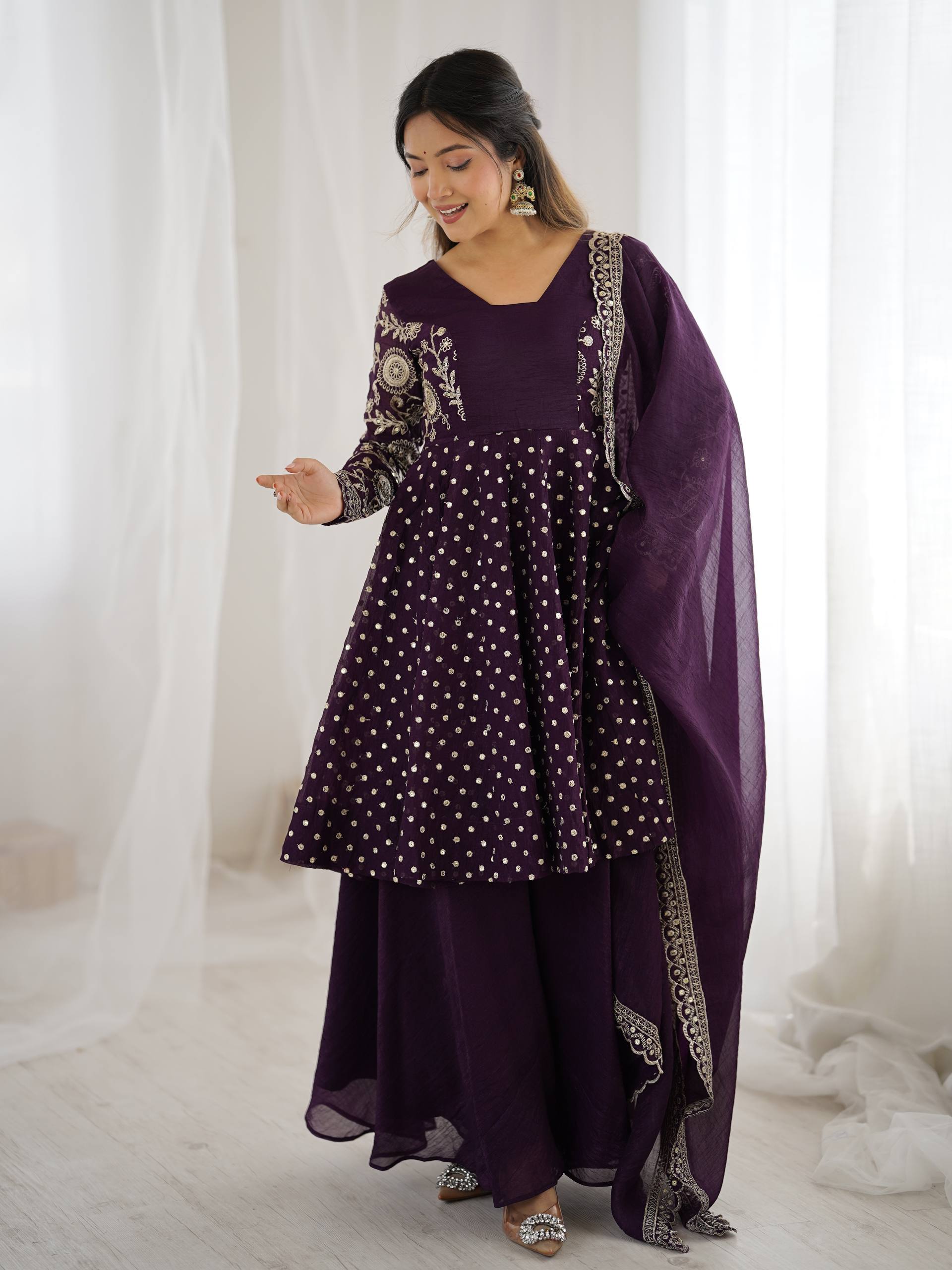 Purple Crunchy Silk Embroidered Designer Sharara Suit