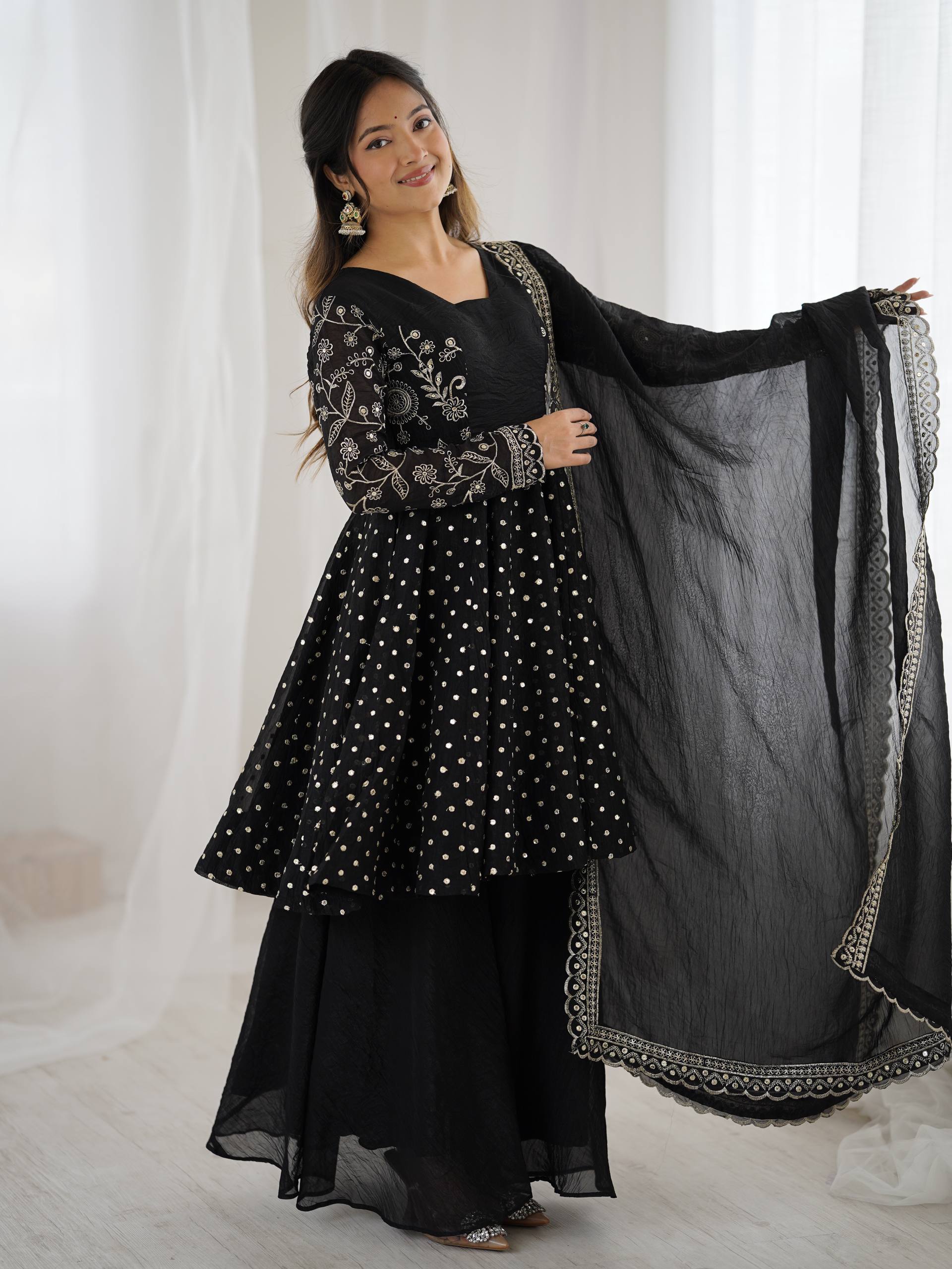 Black Crunchy Silk Embroidered Designer Sharara Suit Set