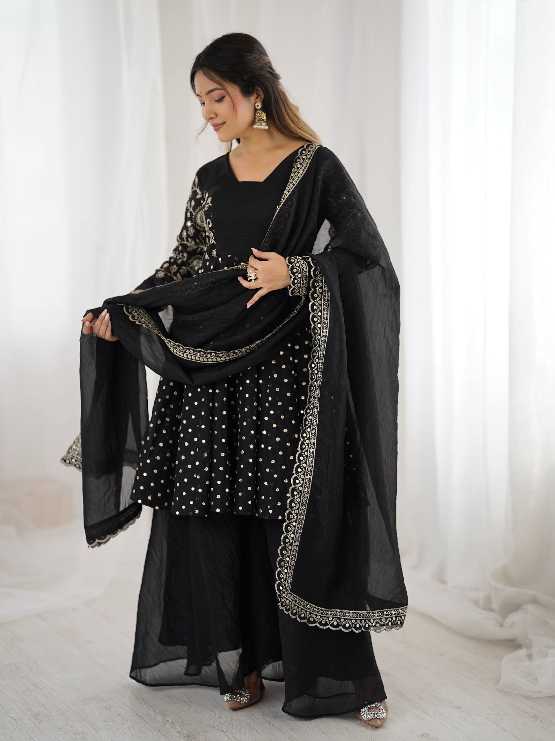 Black Crunchy Silk Embroidered Designer Sharara Suit Set