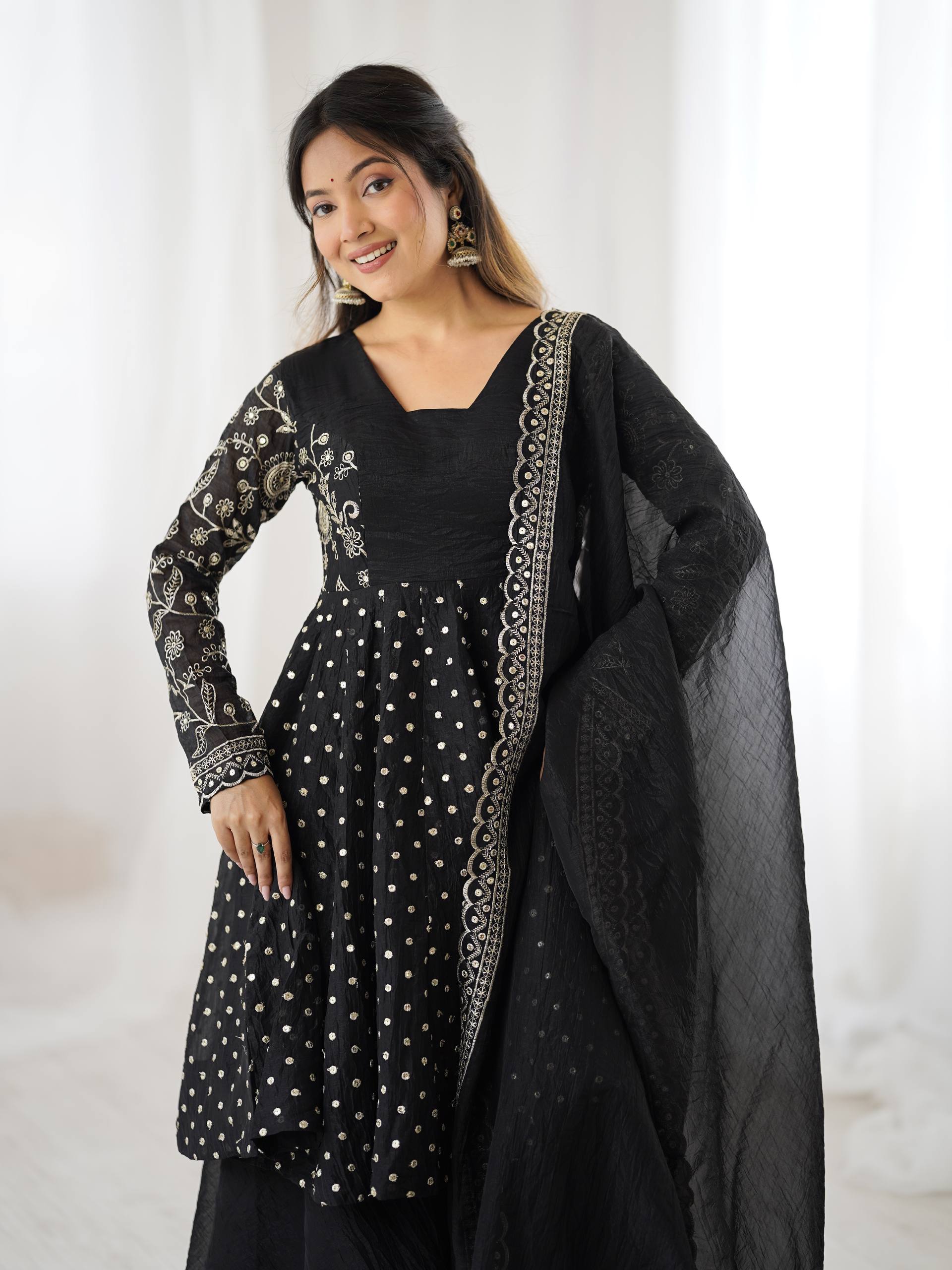 Black Crunchy Silk Embroidered Designer Sharara Suit Set