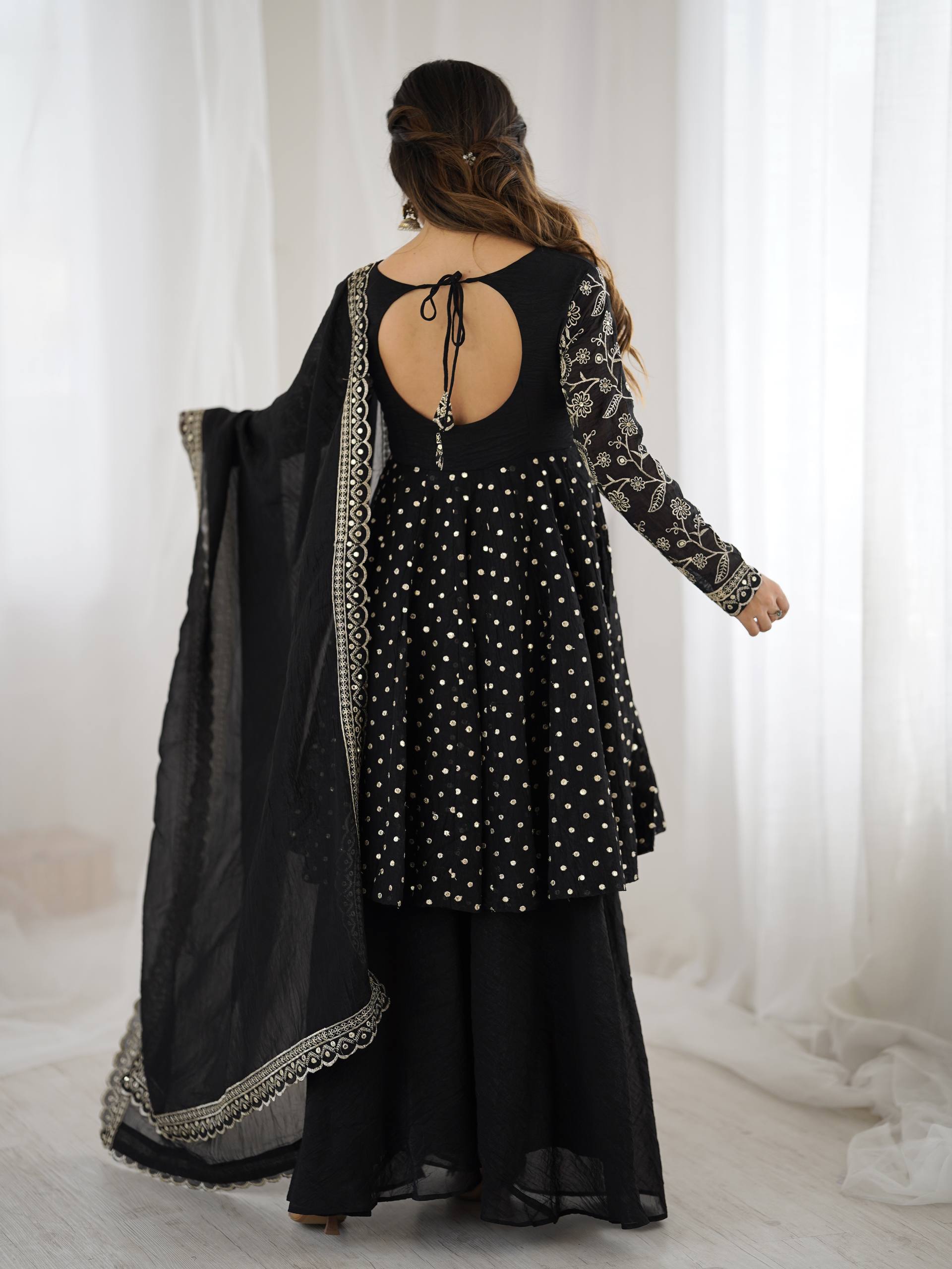 Black Crunchy Silk Embroidered Designer Sharara Suit Set