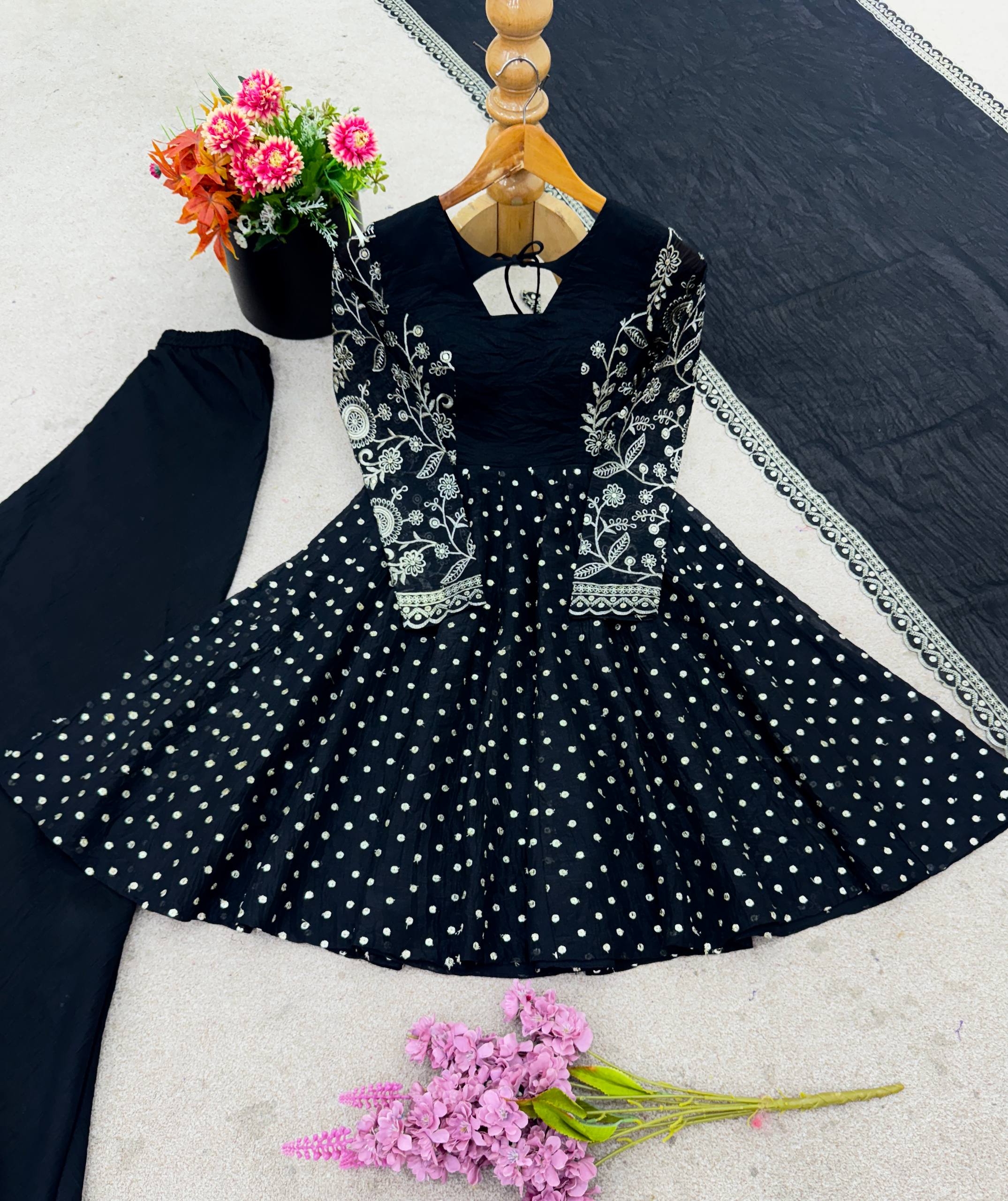 Black Crunchy Silk Embroidered Designer Sharara Suit Set