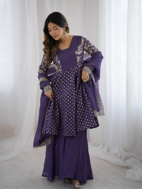 Violet Blue Crunchy Silk Sharara Suit with Sequence Embroidery