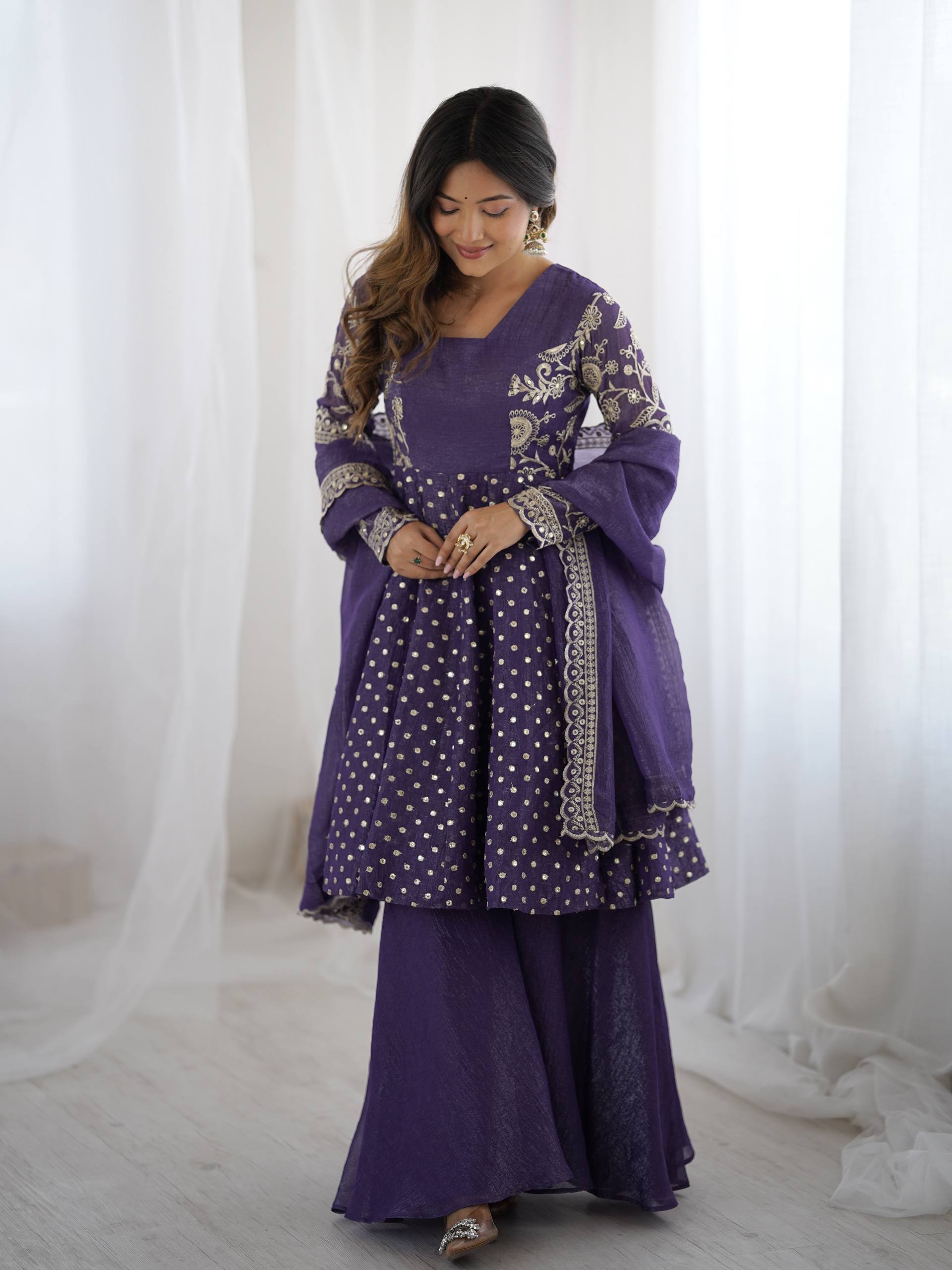 Violet Blue Crunchy Silk Sharara Suit with Sequence Embroidery