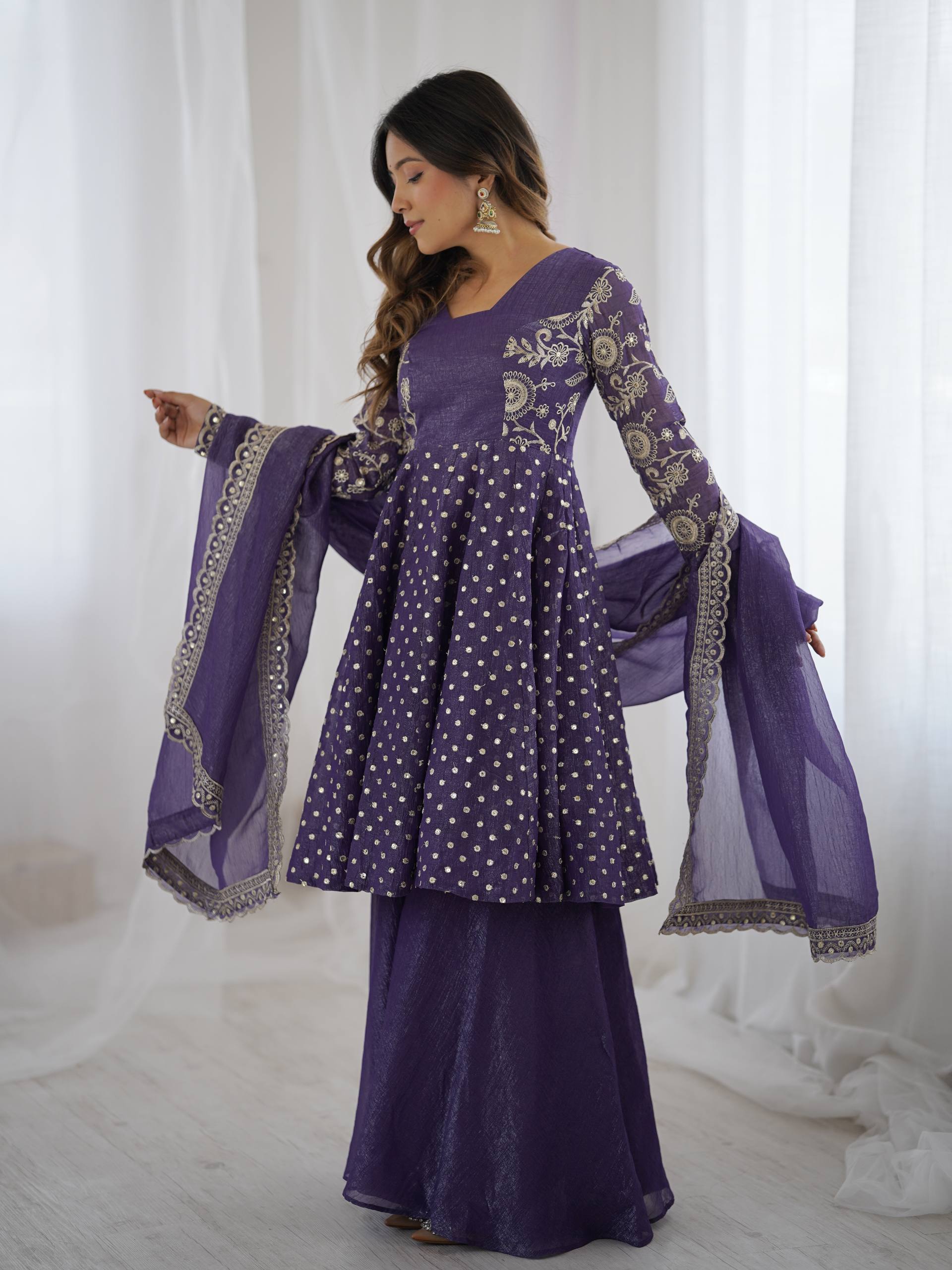 Violet Blue Crunchy Silk Sharara Suit with Sequence Embroidery