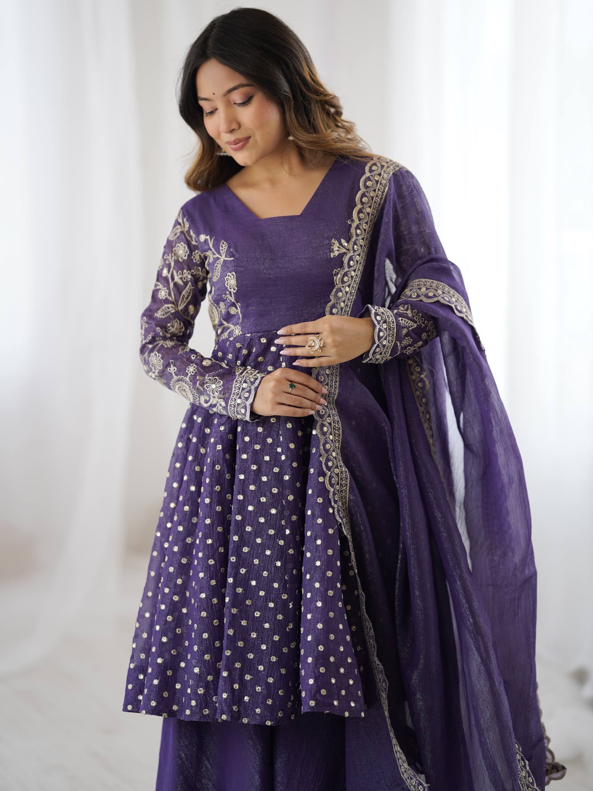 Violet Blue Crunchy Silk Sharara Suit with Sequence Embroidery