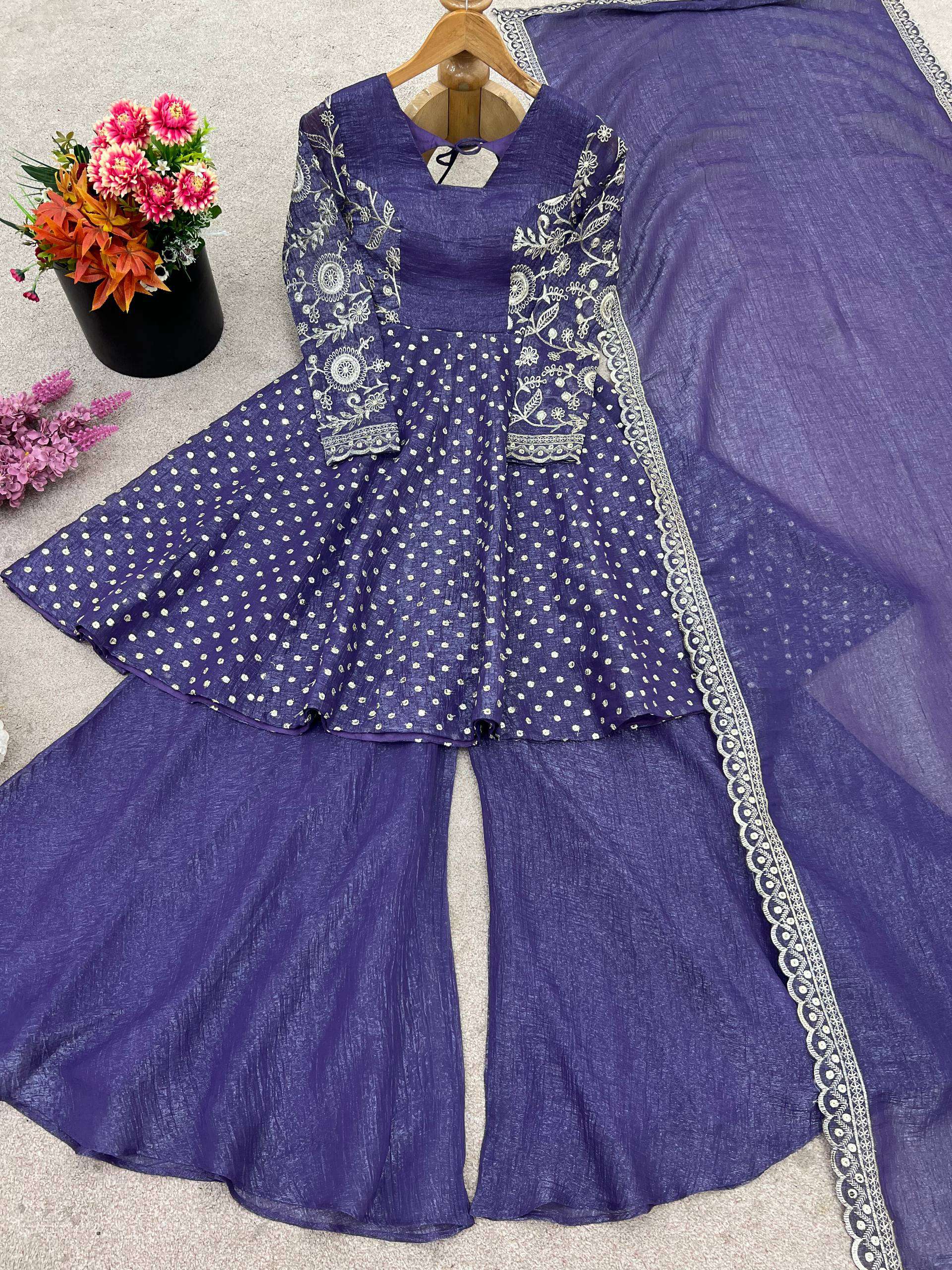 Violet Blue Crunchy Silk Sharara Suit with Sequence Embroidery