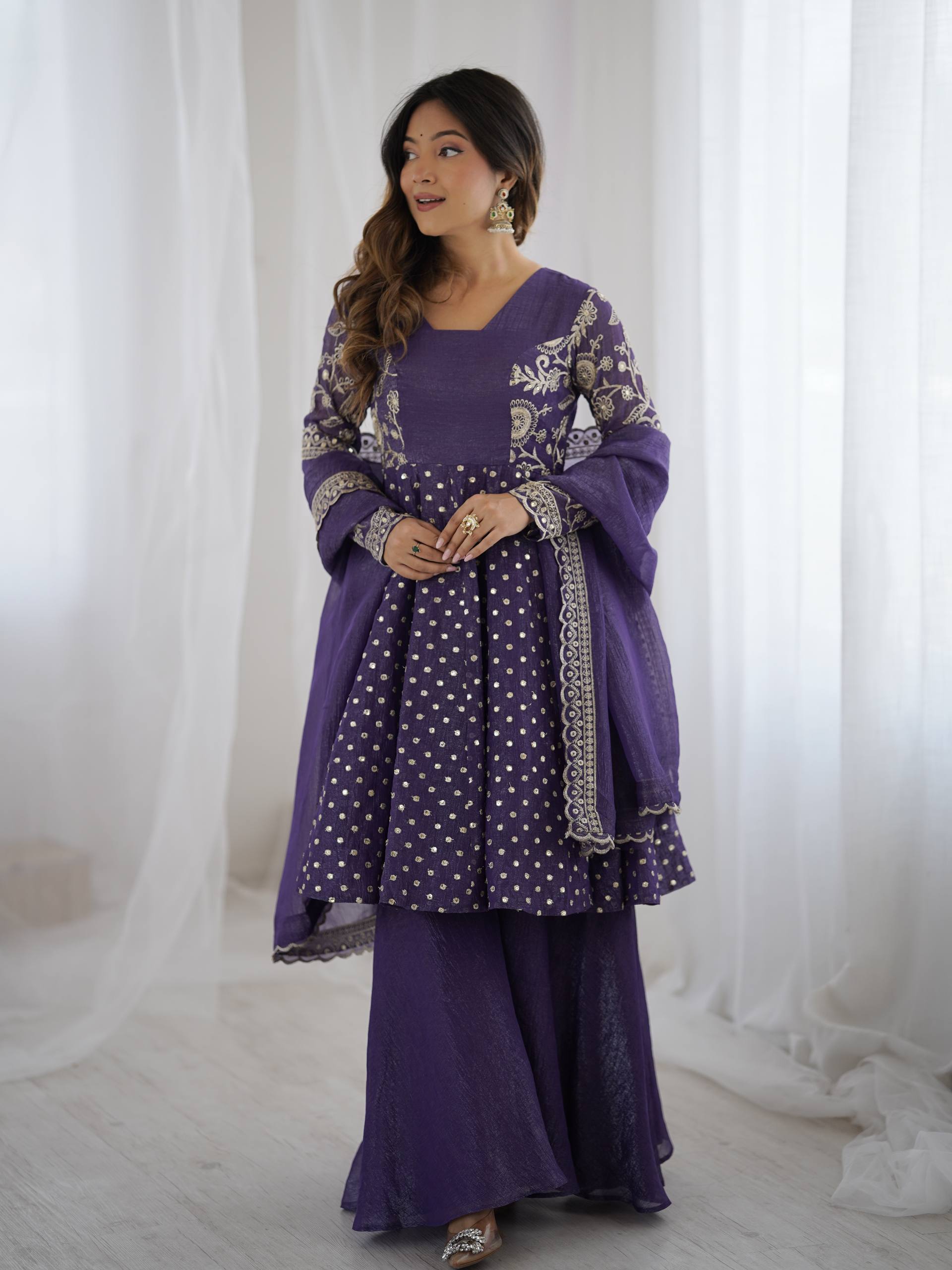 Violet Blue Crunchy Silk sharara suit with detailed embroidery and sequence work