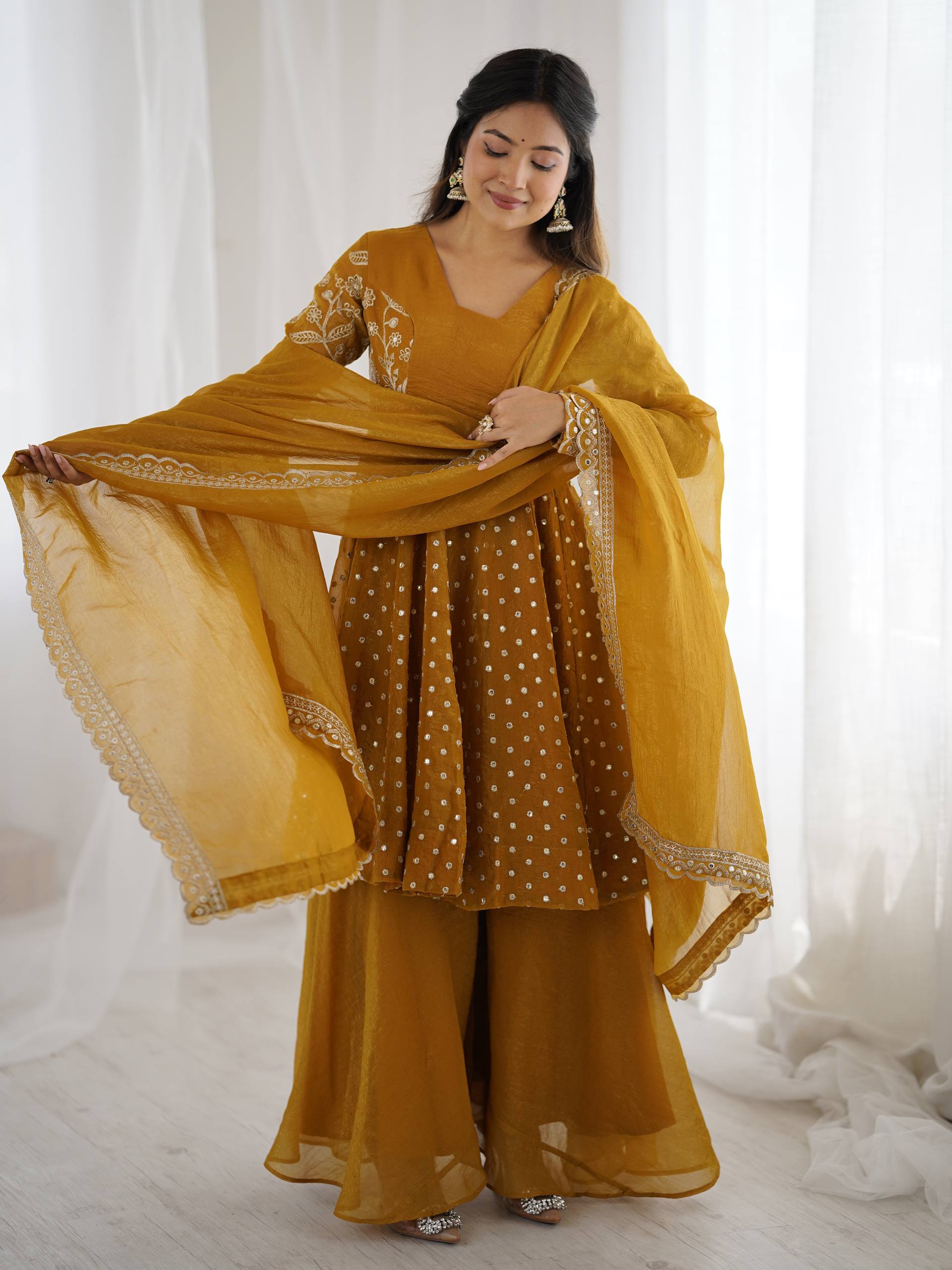 Yellow Crunchy Silk Embroidered Designer Sharara Suit Set