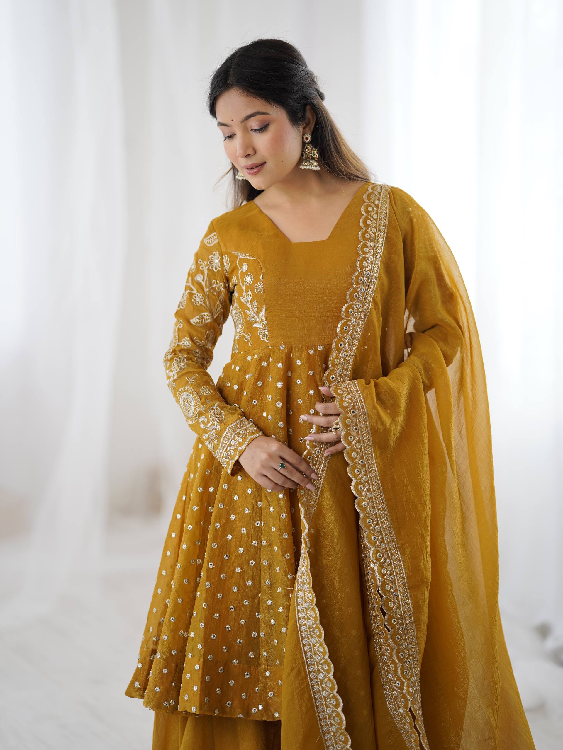 Yellow Crunchy Silk Embroidered Designer Sharara Suit Set
