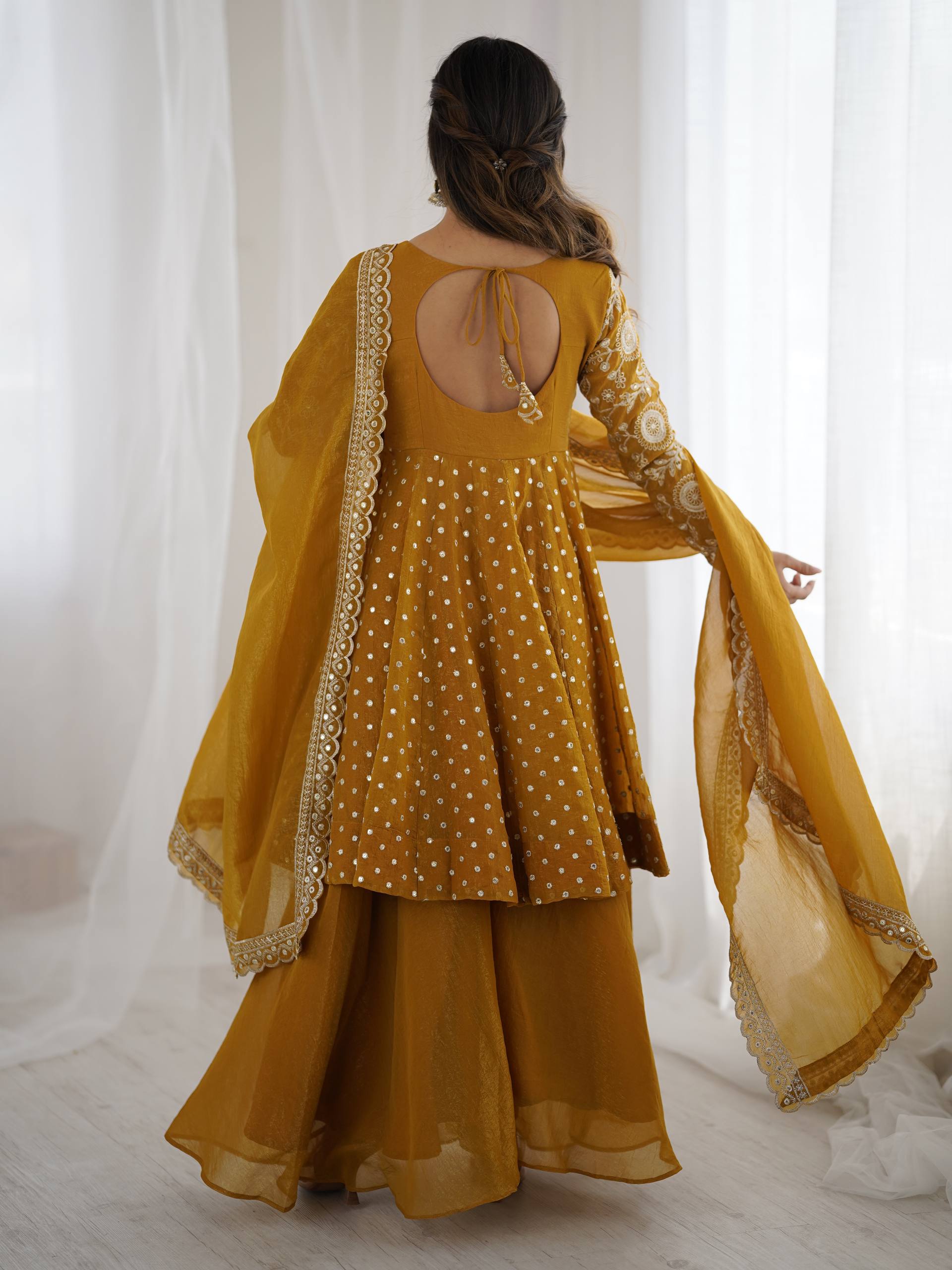 Yellow Crunchy Silk Embroidered Designer Sharara Suit Set