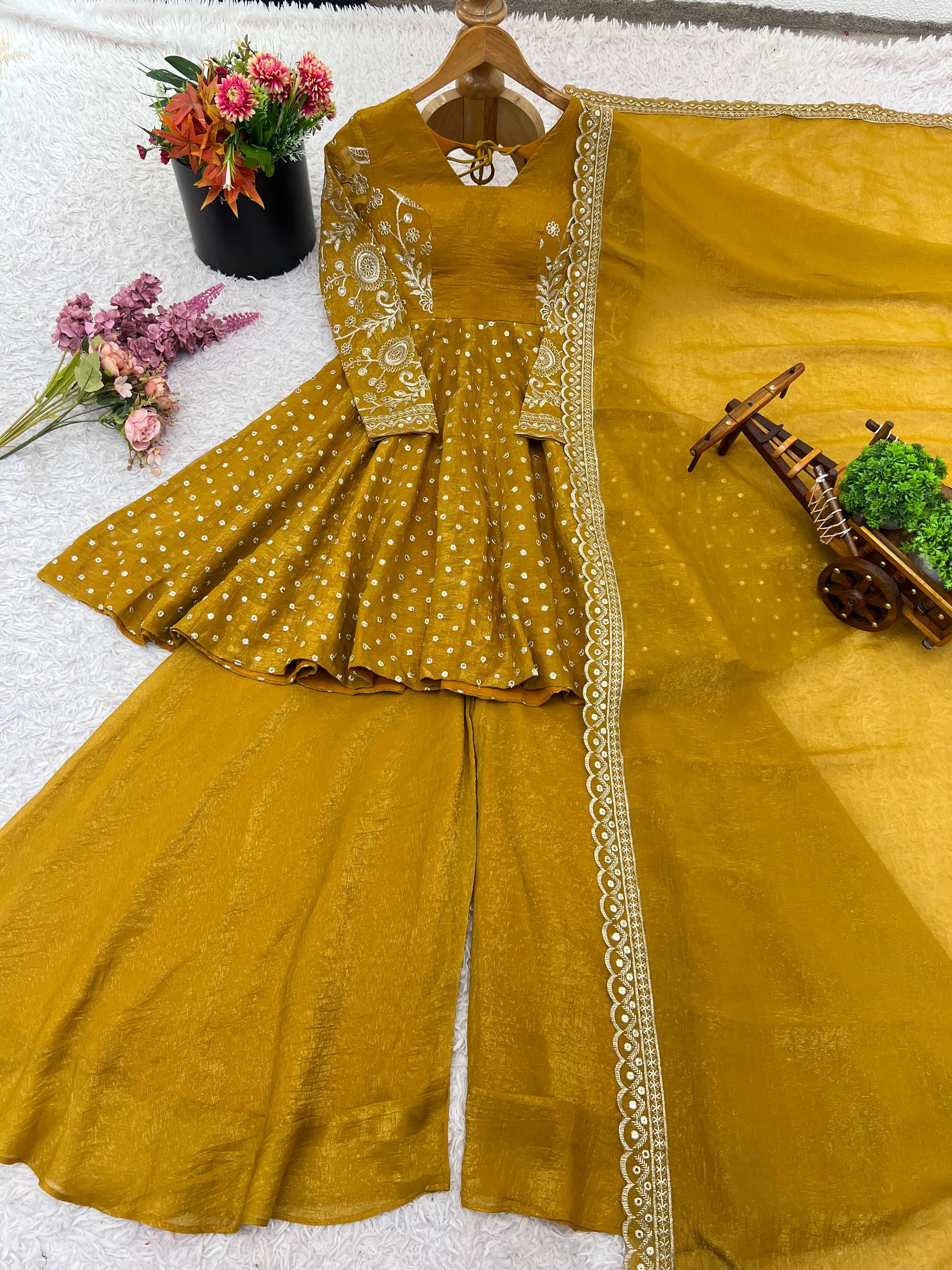 Yellow Crunchy Silk Embroidered Designer Sharara Suit Set
